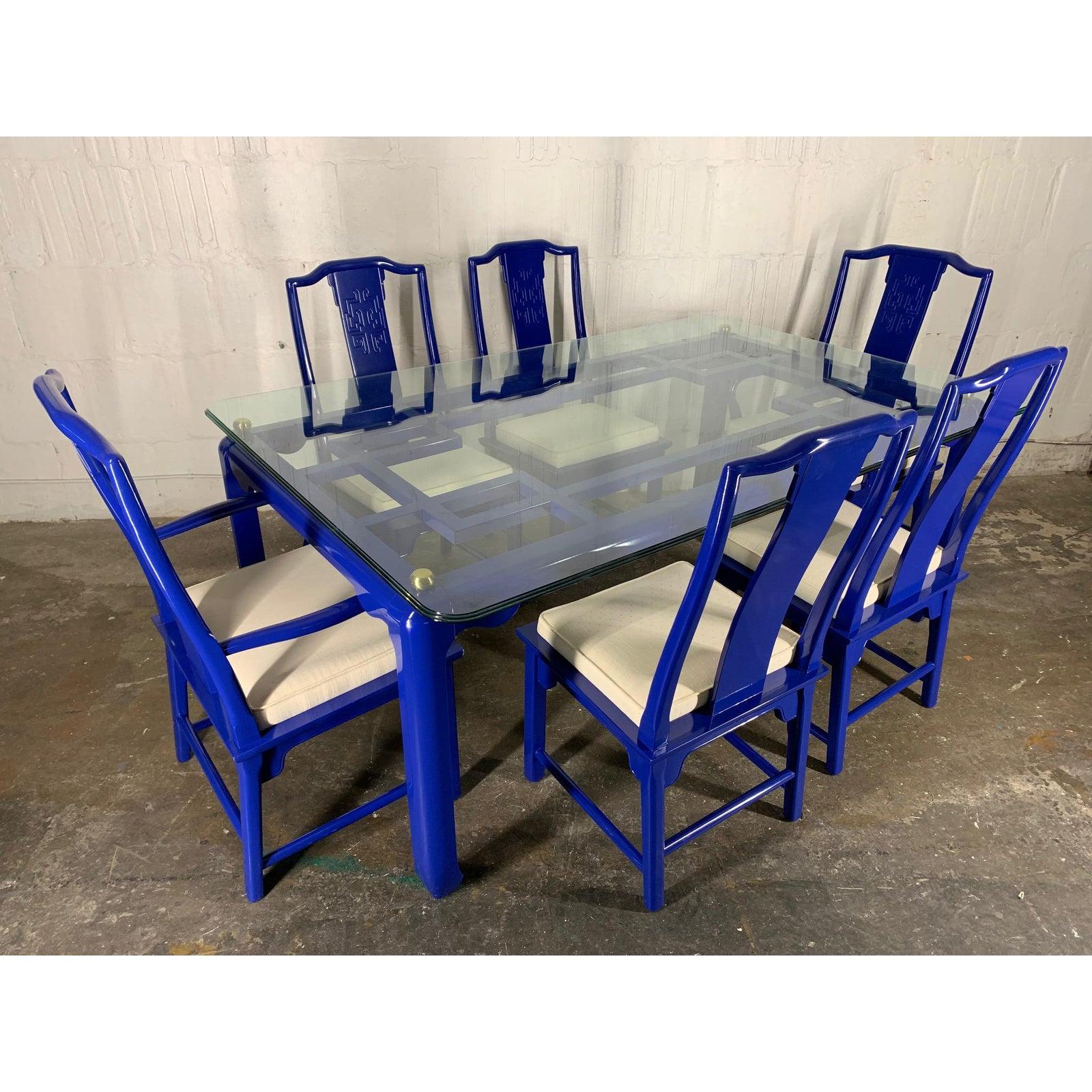 7-piece dining set by Century Furniture. Part of the Chin Hua collection by Raymond Sabota. Asian chinoiserie style newly lacquered in high gloss blue. Original seat upholstery has some slight discolorations. Glass top measures 72