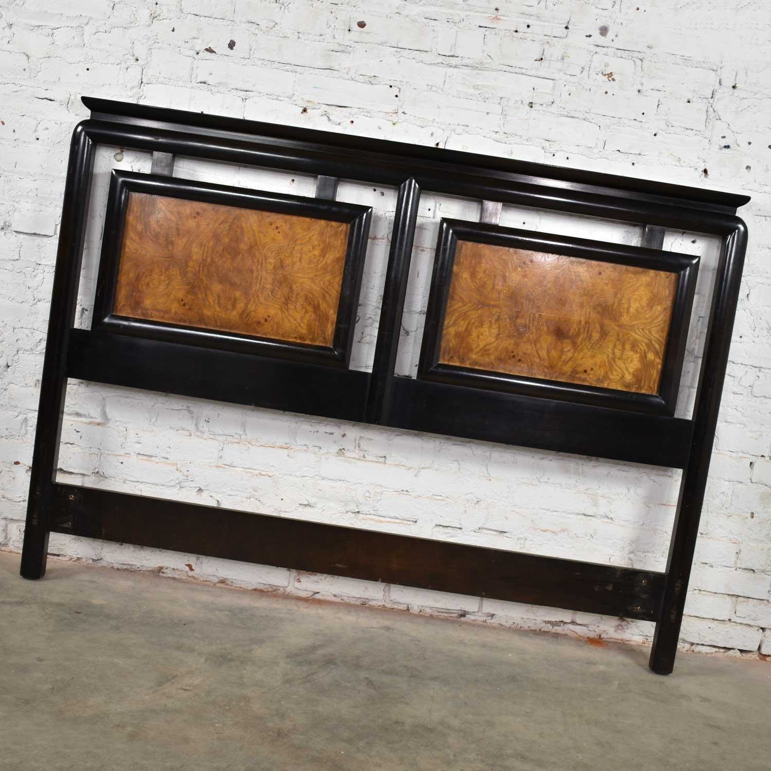 Handsome Hollywood Regency chinoiserie black and burl wood full-size headboard designed by Raymond K. Sobota for his Chin Hua collection for Century Furniture. It is in wonderful vintage condition overall. It does have normal signs of age and use