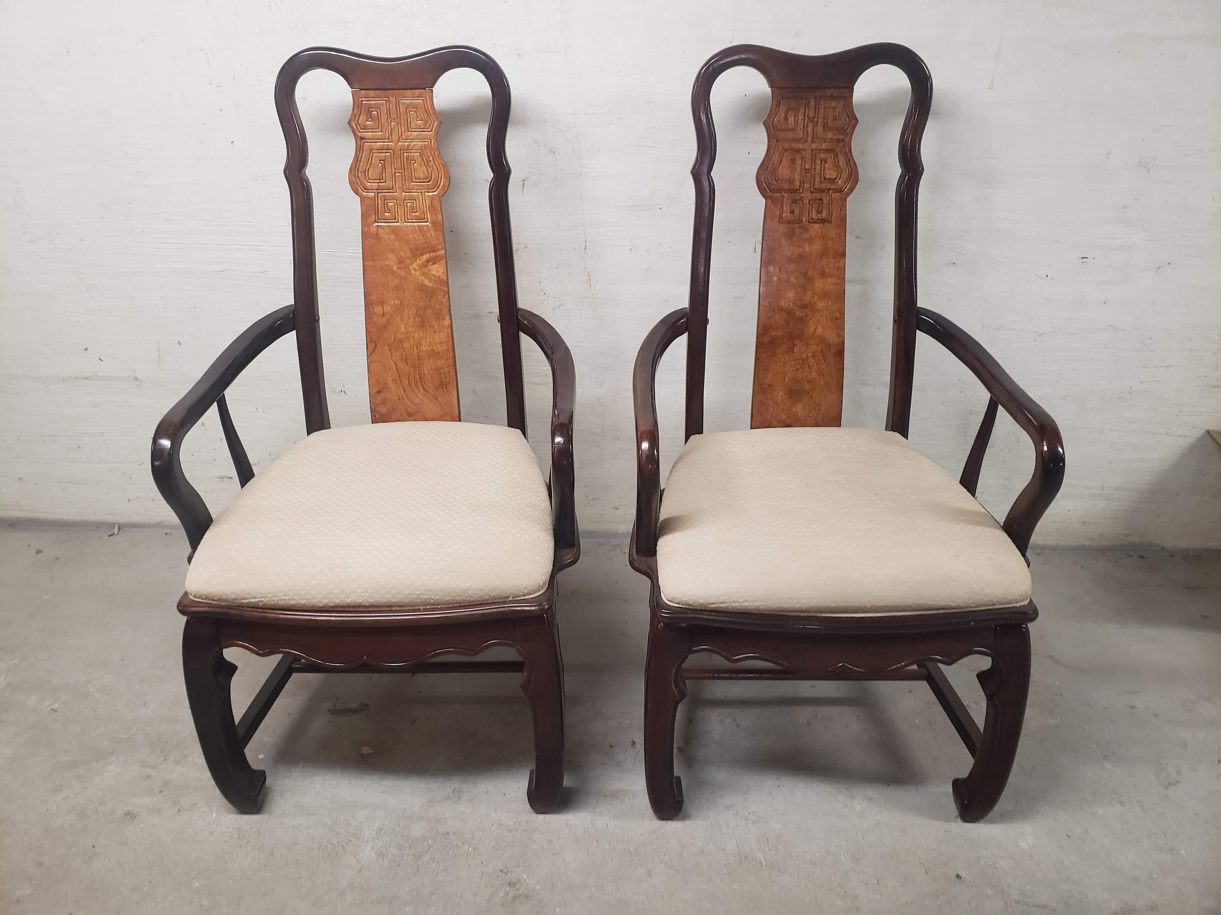 Your chance to own a rare set of Century Furniture Dining Chairs. This style is a more modern version of the Century Furniture Chin Hua by Raymond Sobota dining chairs available from other sellers. Chairs are made of burl wood and finished with a