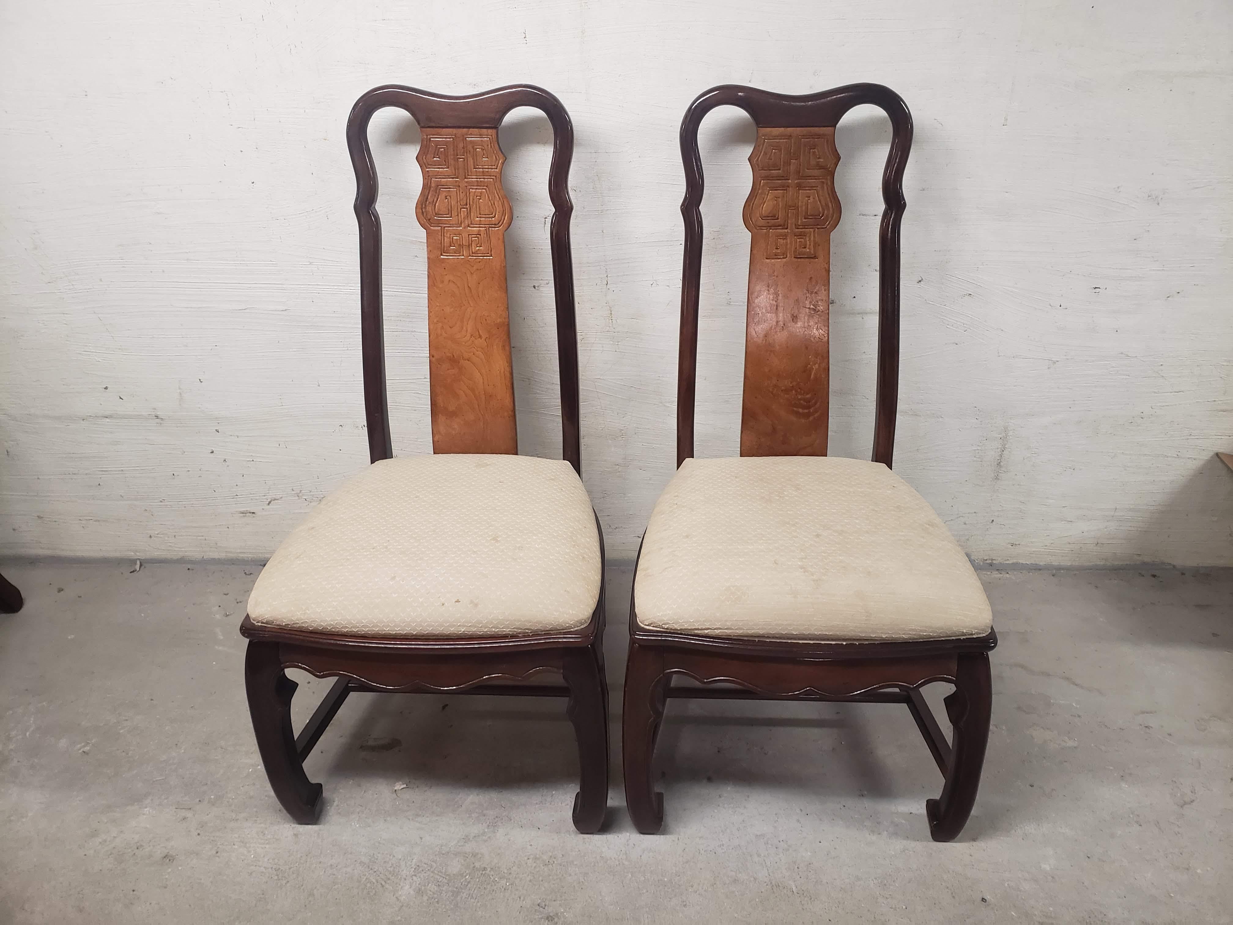 Your chance to own a rare set of Century Furniture Dining Chairs. This style is a more modern version of the Century Furniture Chin Hua by Raymond Sobota dining chairs available from other sellers. Chairs are made of burl wood and finished with a