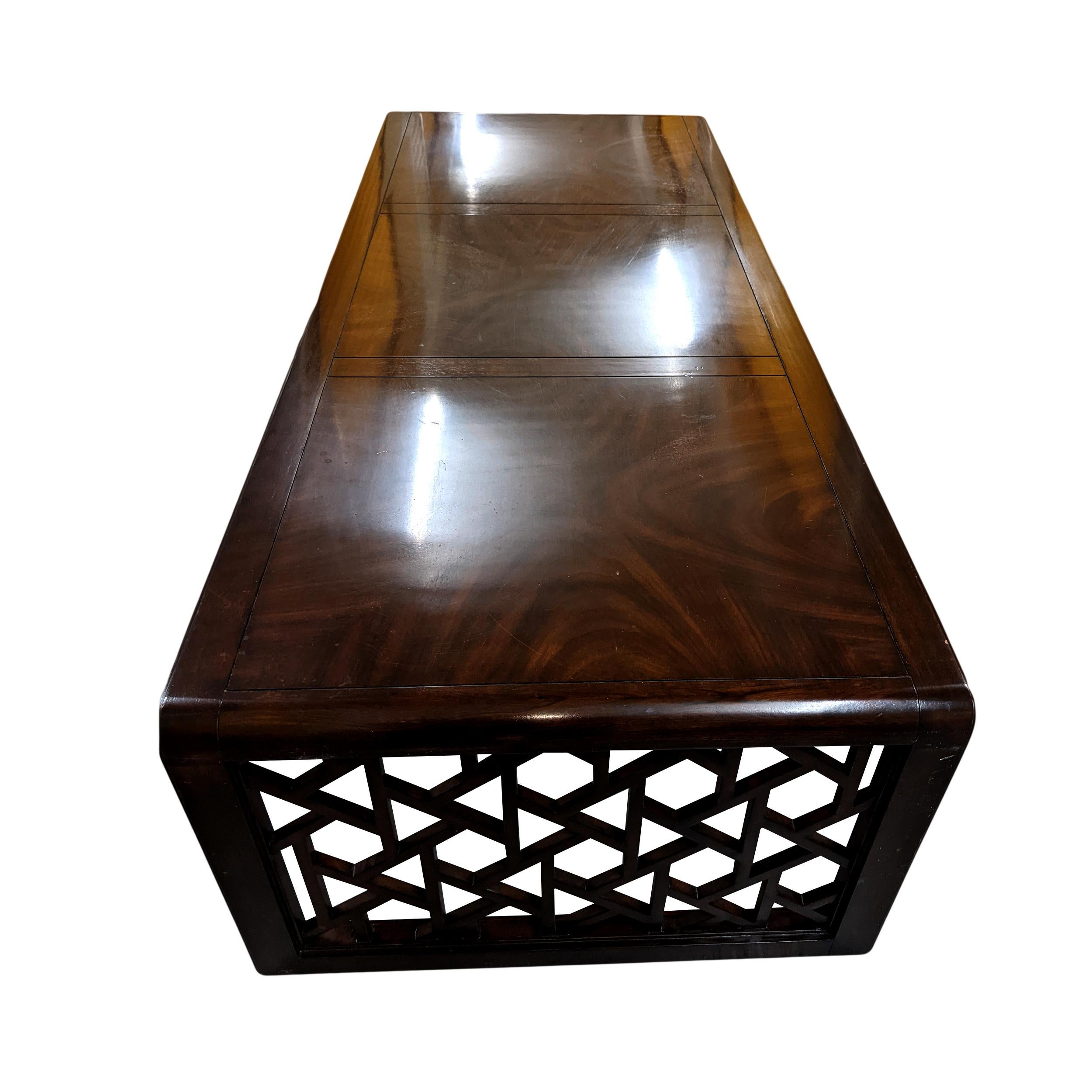 Chin hua waterfall coffee table with fretwork sides.

Walnut table with waterfall and carved fretwork sides attributed to Maitland Smith.
 