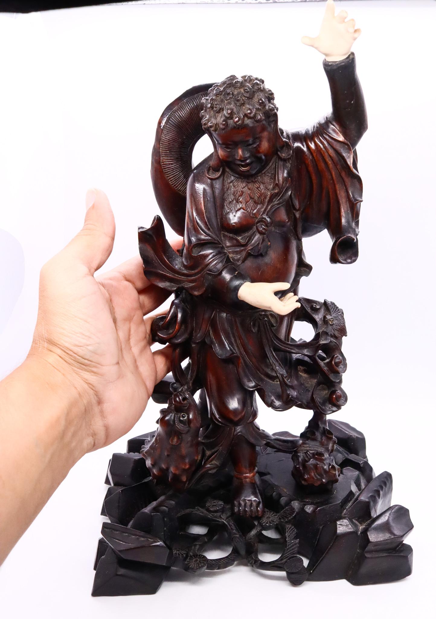 Hand-Carved China 1880 Qing Dynasty Sculpture of Liu Haichan Carved in Precious Rose Wood