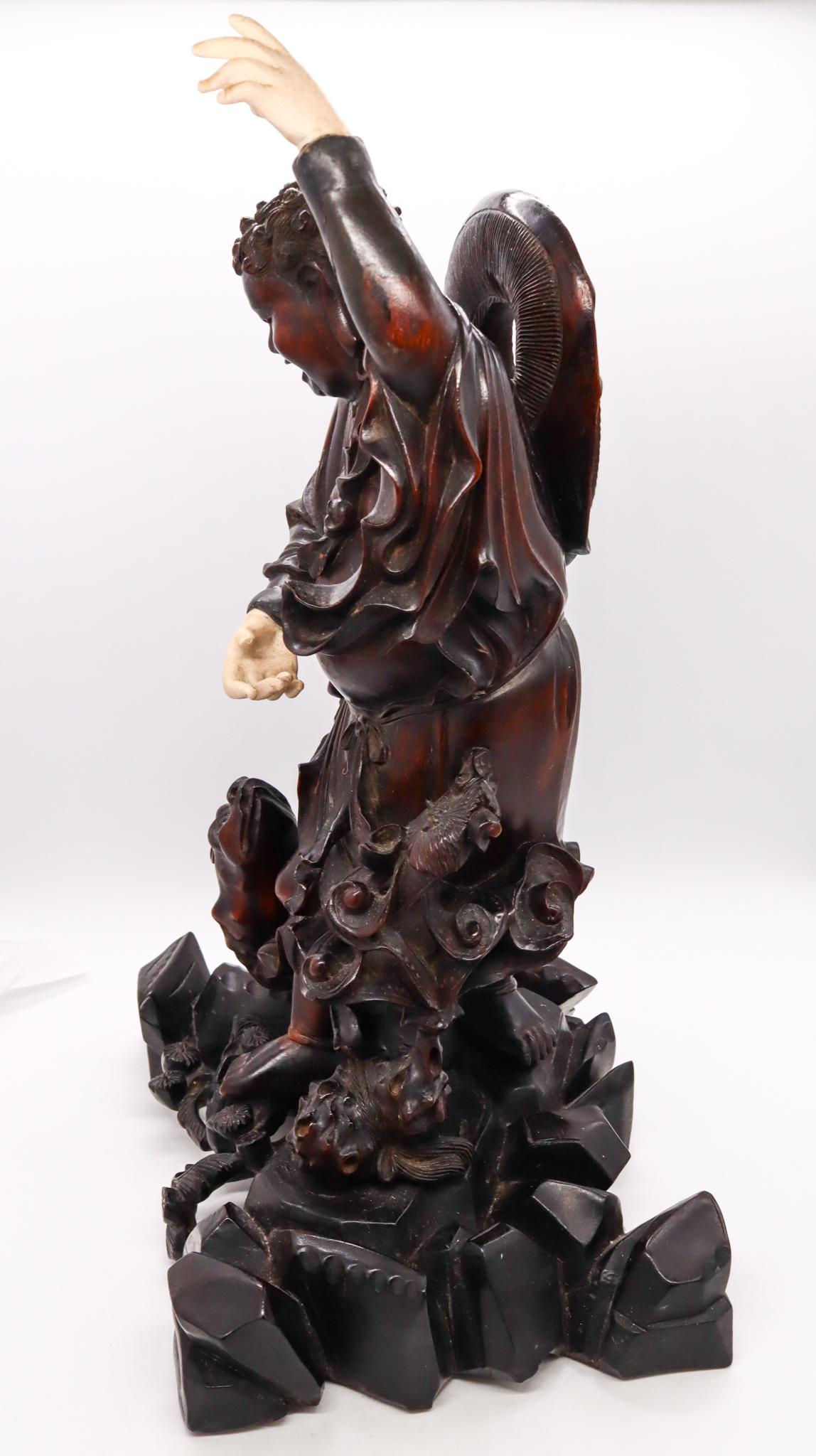Late 19th Century China 1880 Qing Dynasty Sculpture of Liu Haichan Carved in Precious Rose Wood
