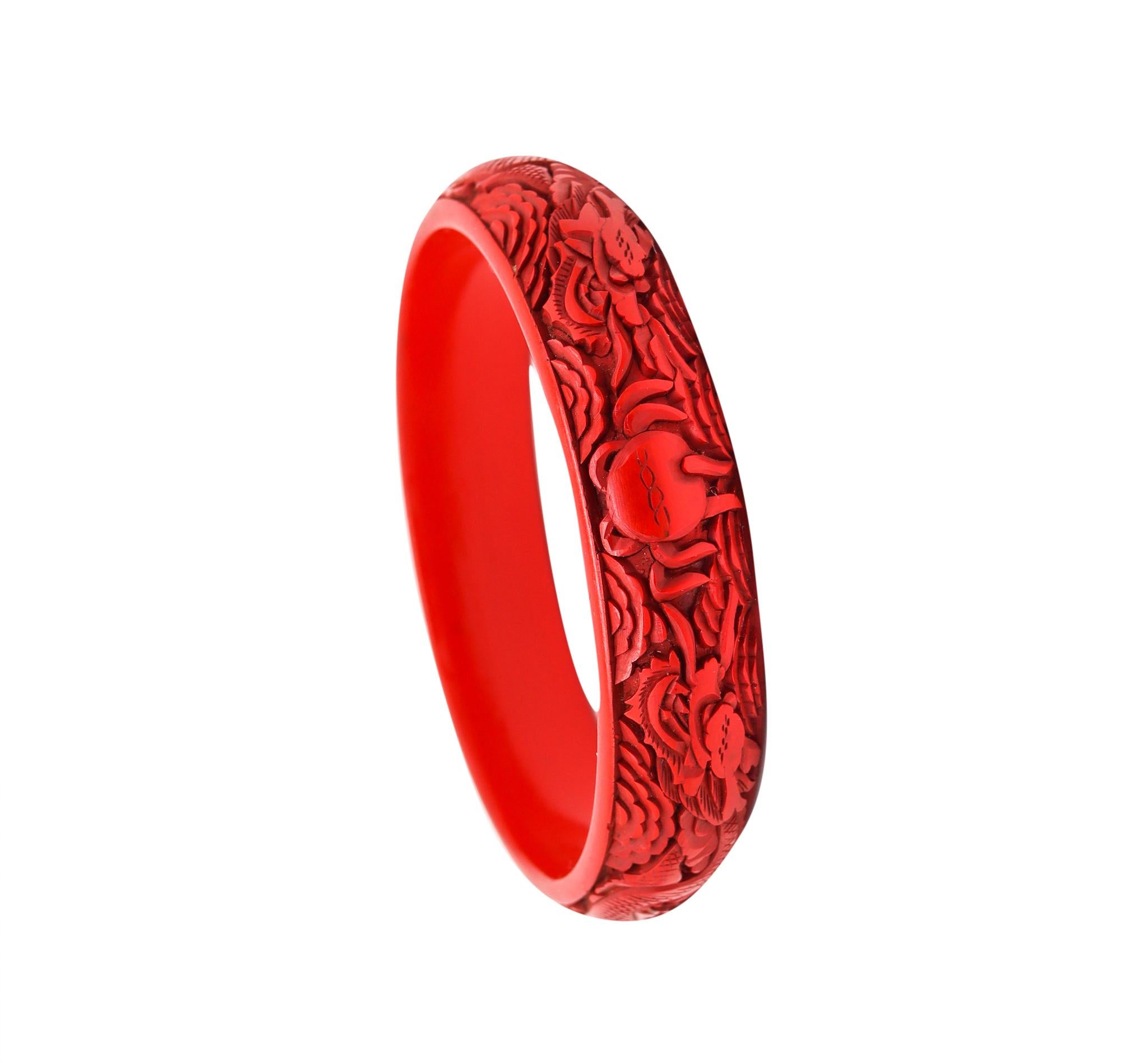 Women's China 1890-1910 Antique Victorian Era Bracelet Red Lacquer Cinnabar Carved Wood