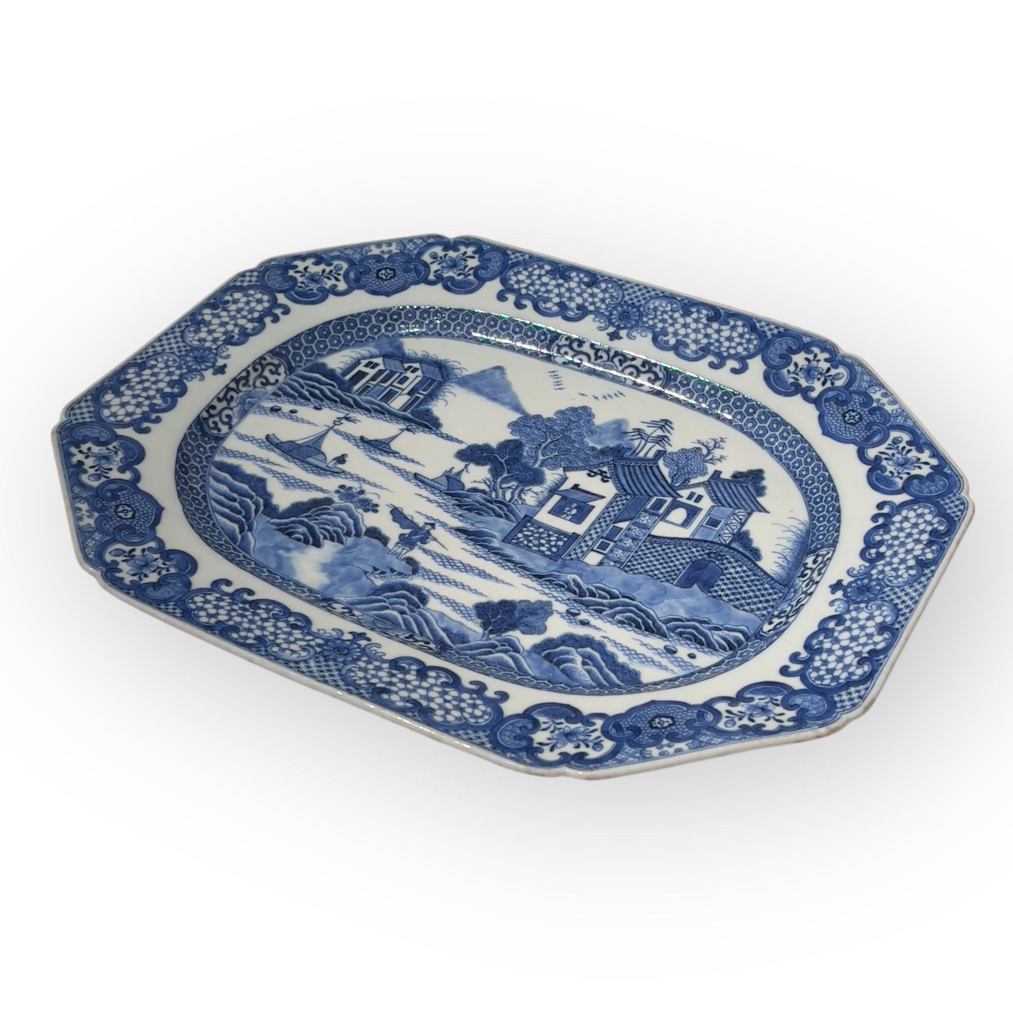 Hand-Painted China, 18th Century, Blue-and-White Decorated Dish, circa 1780 For Sale
