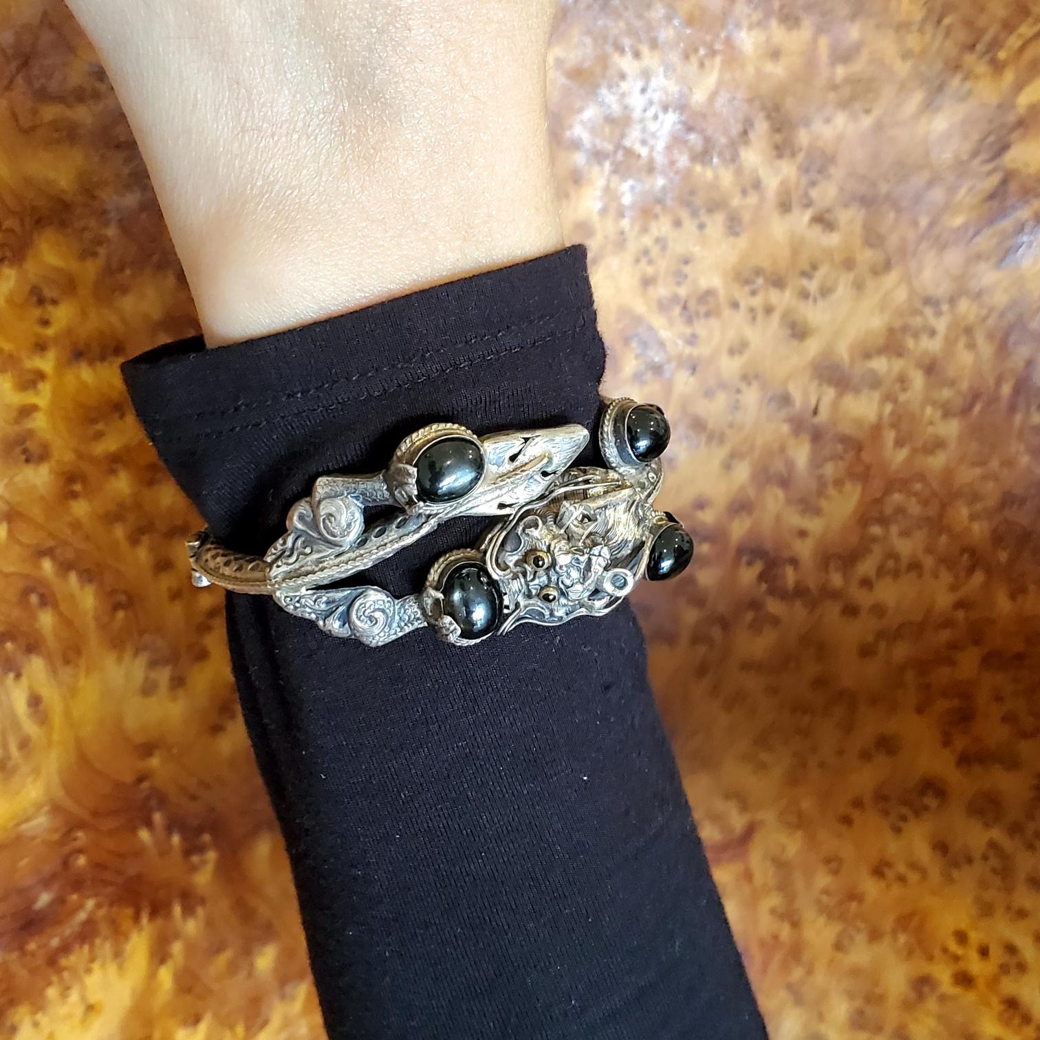 China 1900 Export Dragon Bracelet in 925 Sterling Silver with Cat's Eye Obsidian 1