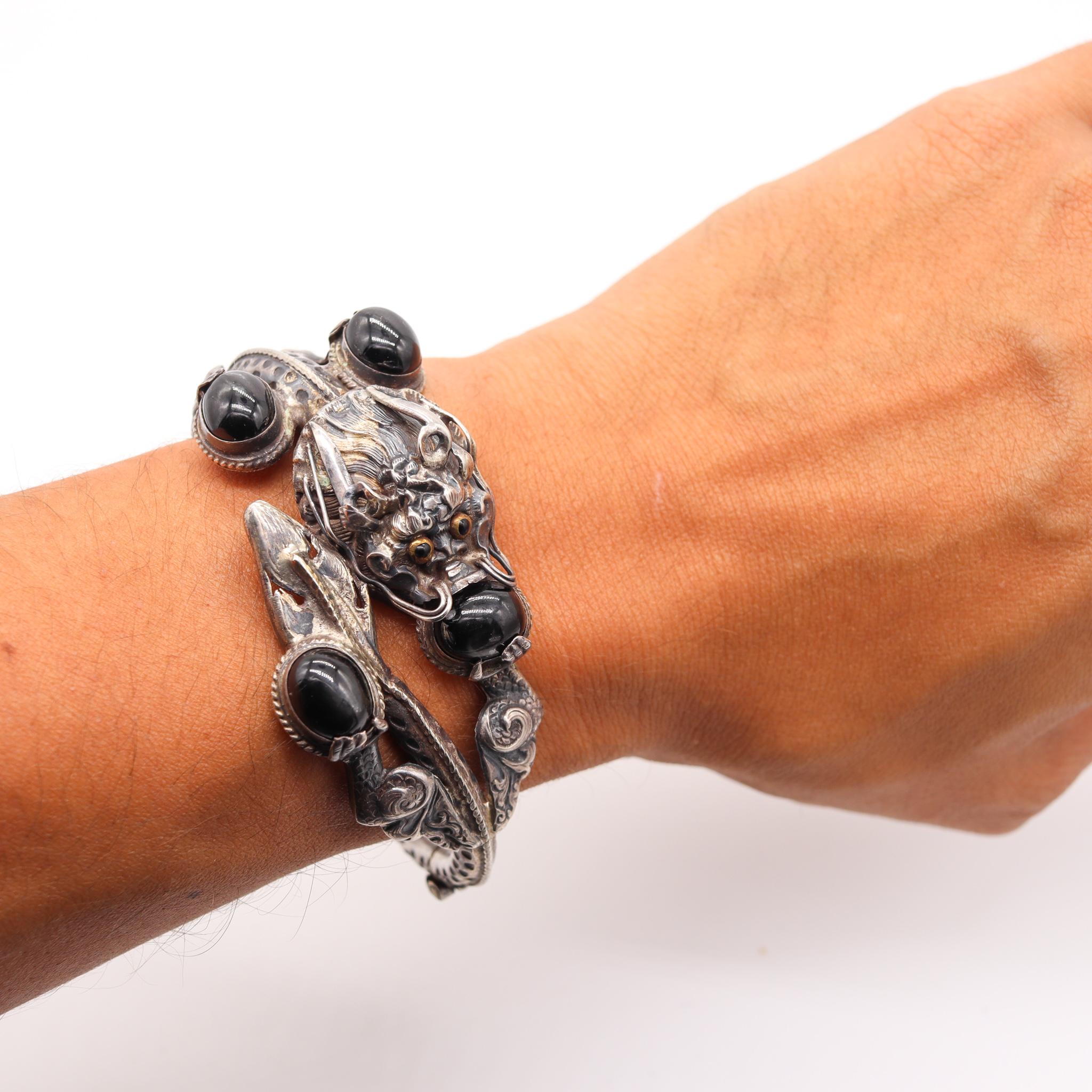 China 1900 Export Dragon Bracelet in 925 Sterling Silver with Cat's Eye Obsidian 2