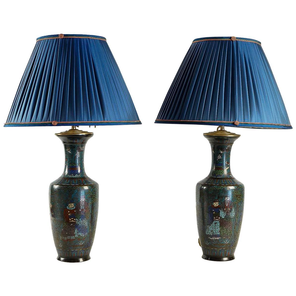 China 19th Century, Pair of Bronze "Cloisonné" Vases Converted in Table Lamps