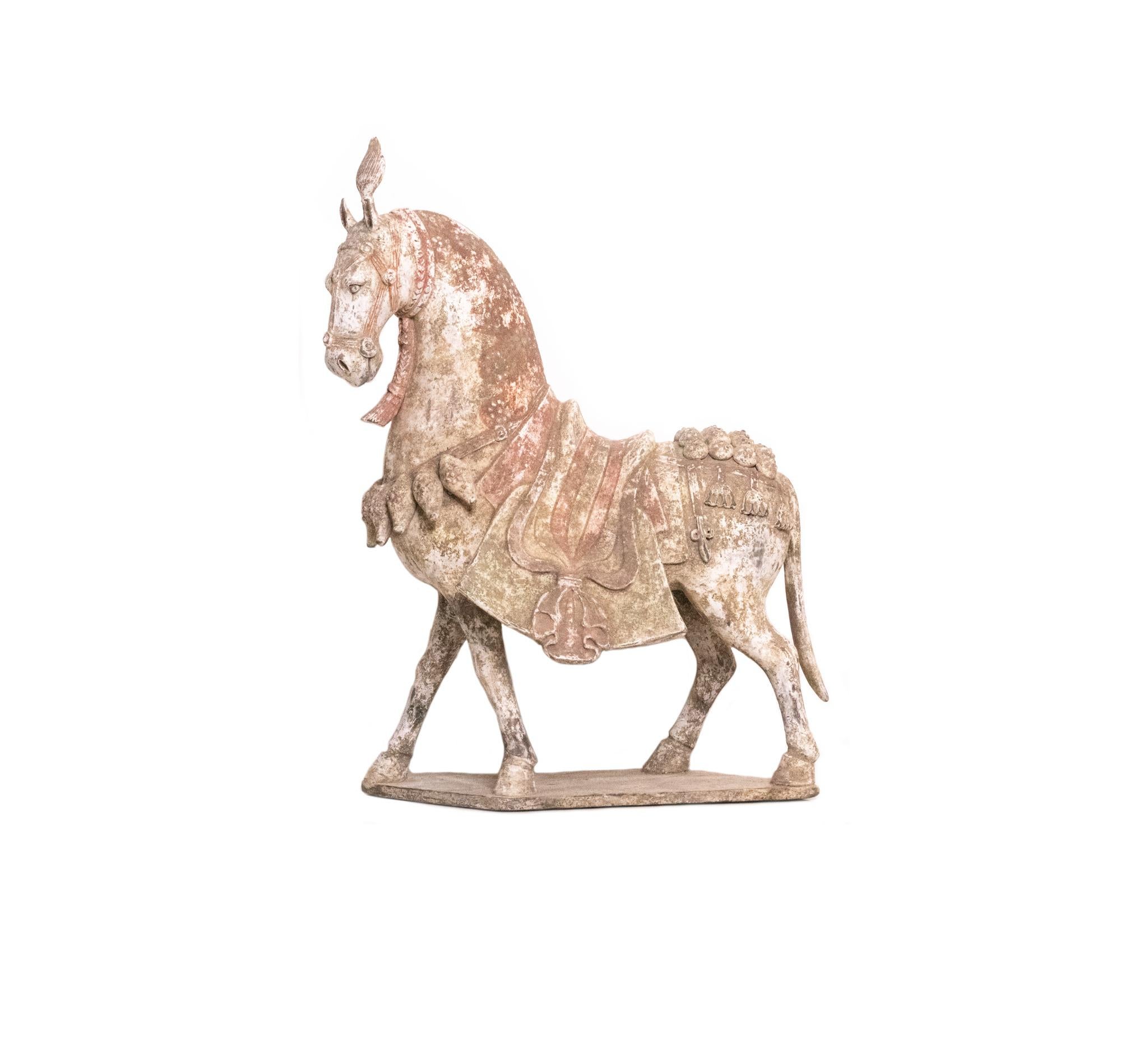Rarissime cheval caparaçonné en poterie chinoise de la région de Qi Nord.

Une belle pièce sculpturale de grande taille, créée en Chine pendant la période de la dynastie Qi du Nord, entre 549 et 577 ADS. Cette statue de cheval est très finement