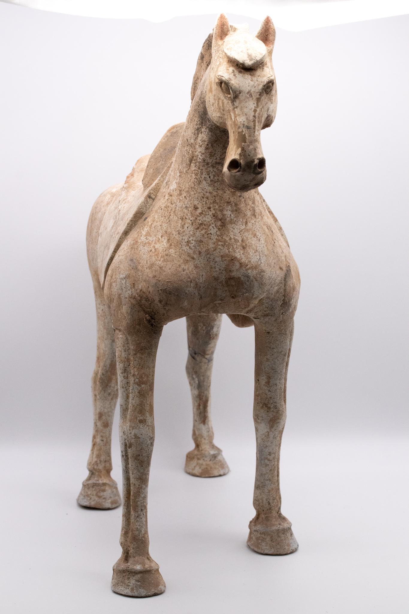 China 618-907 Ad Tang Dynasty Ancient Earthenware Sculpture of a Walking Horse In Excellent Condition For Sale In Miami, FL