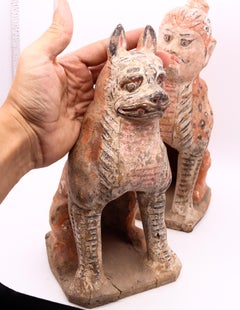 China 618-907 AD Tang Dynasty Pair Of Polychromate Earth Spirits Zhenmushou