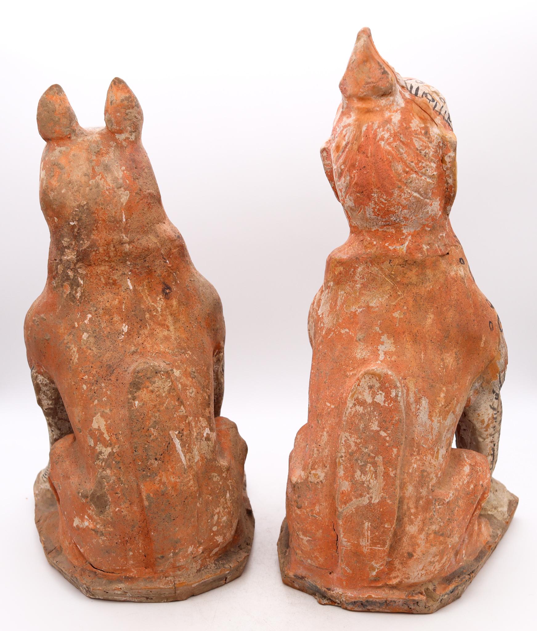 Hand-Crafted China 618-907 AD Tang Dynasty Pair Of Polychromate Earth Spirits Zhenmushou For Sale