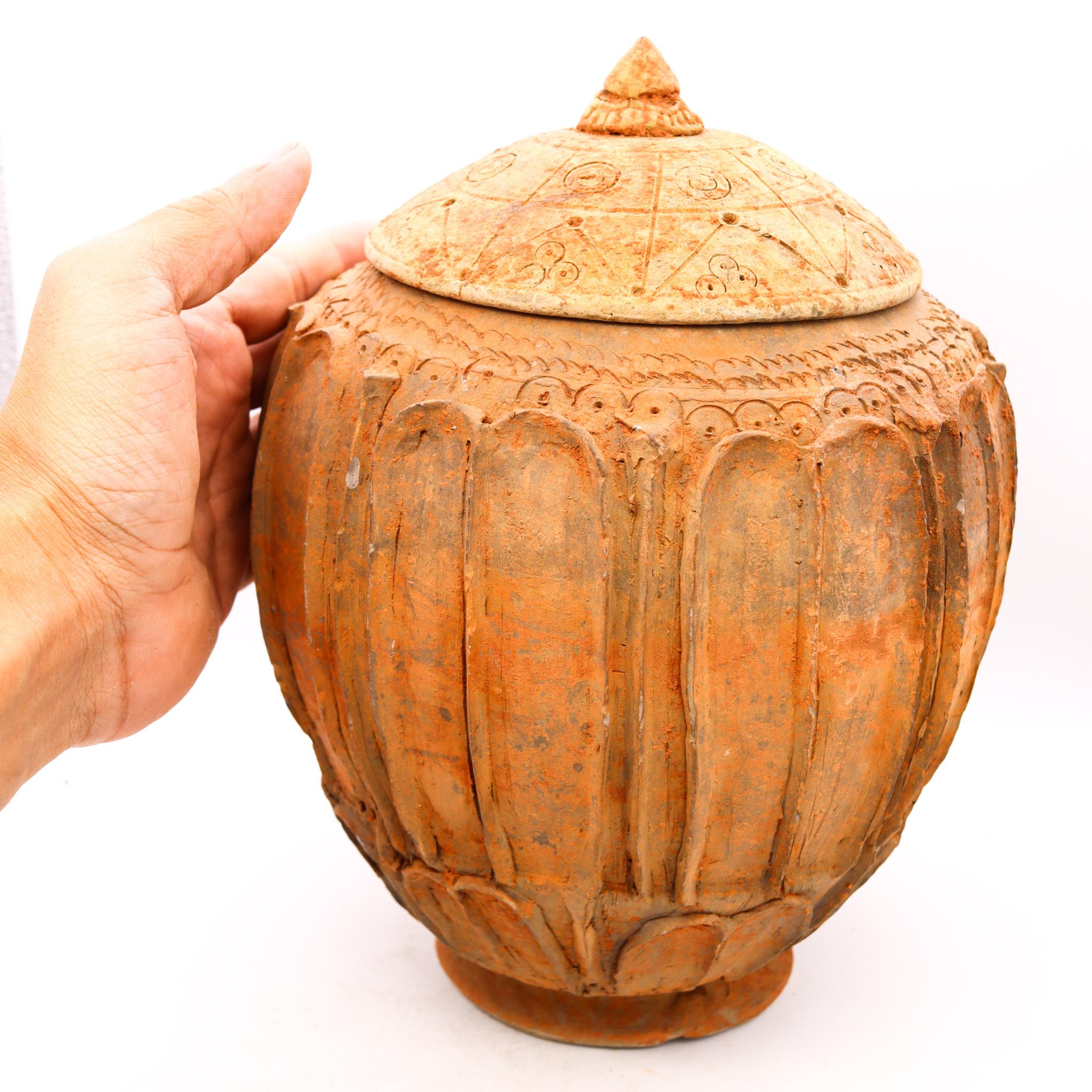 Hand-Crafted China 618-907 AD Tang Dynasty Period Pottery Offering Covered Vessel with Lotus  For Sale