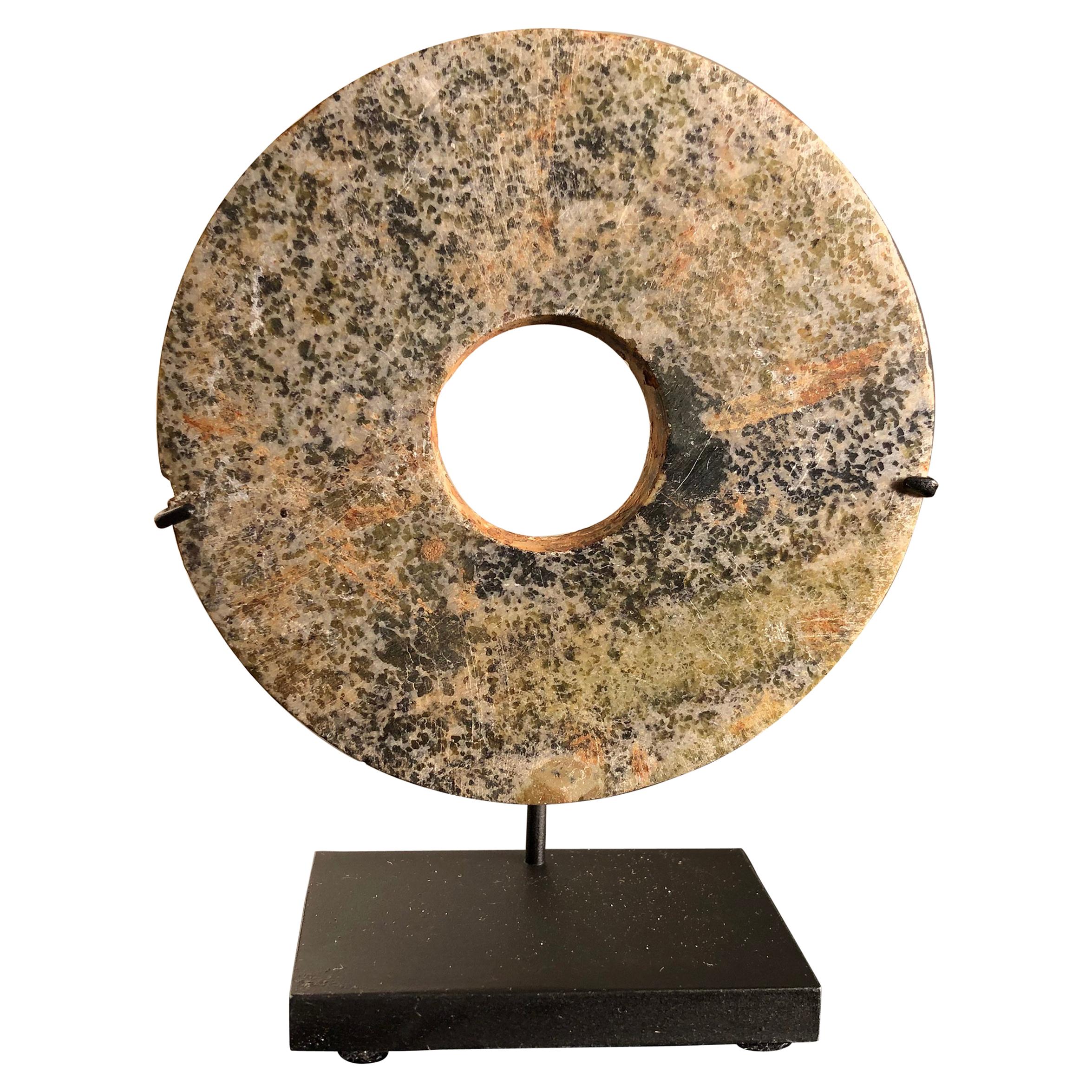 China Ancient Hand Carved Jade Bi Genuine Specimen from 2000 BC, with Stand