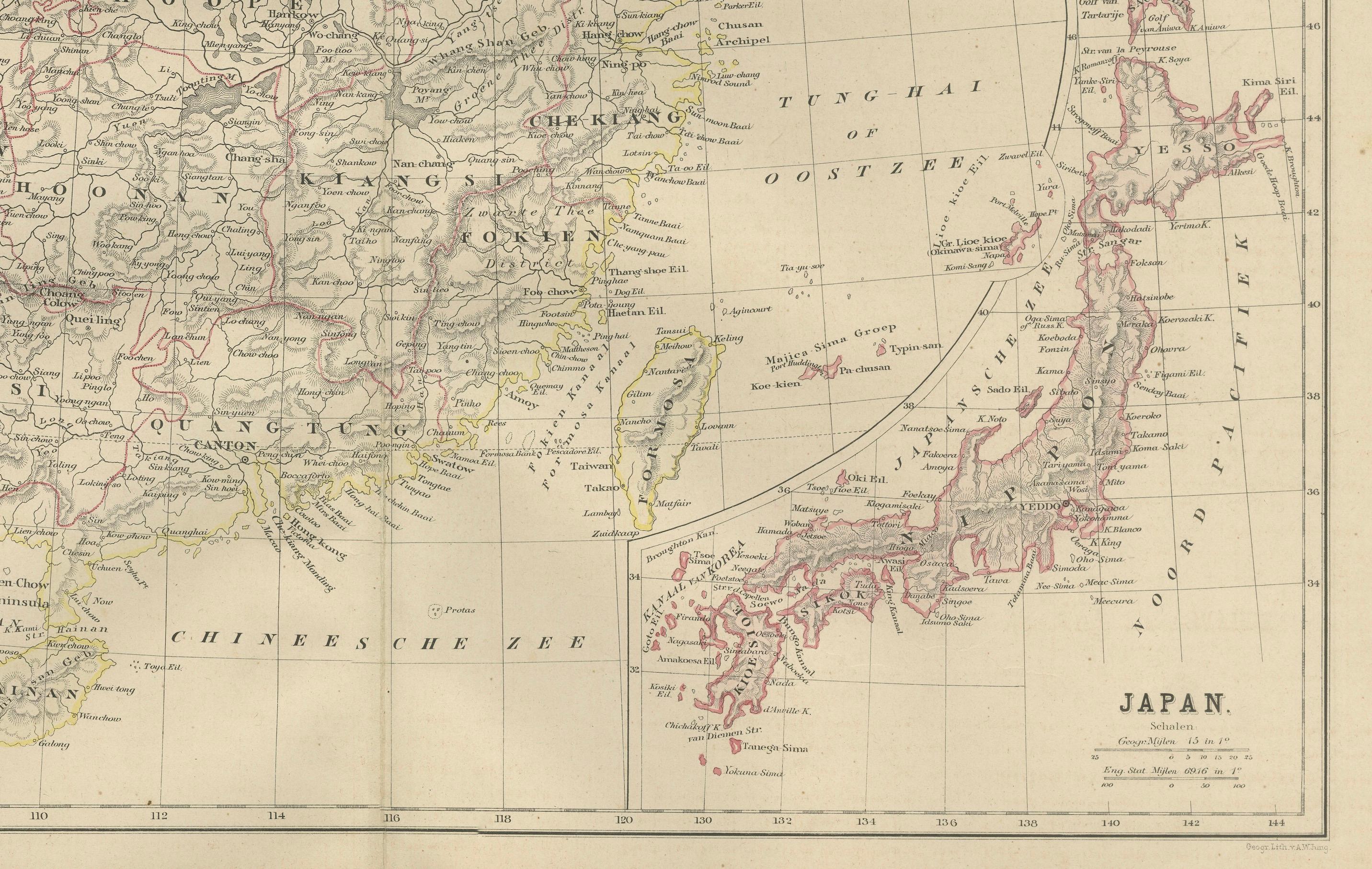 Carta Mappa della Cina e del Giappone con la Corea - Nieuwe Hand-Atlas, Leiden 1876 in vendita
