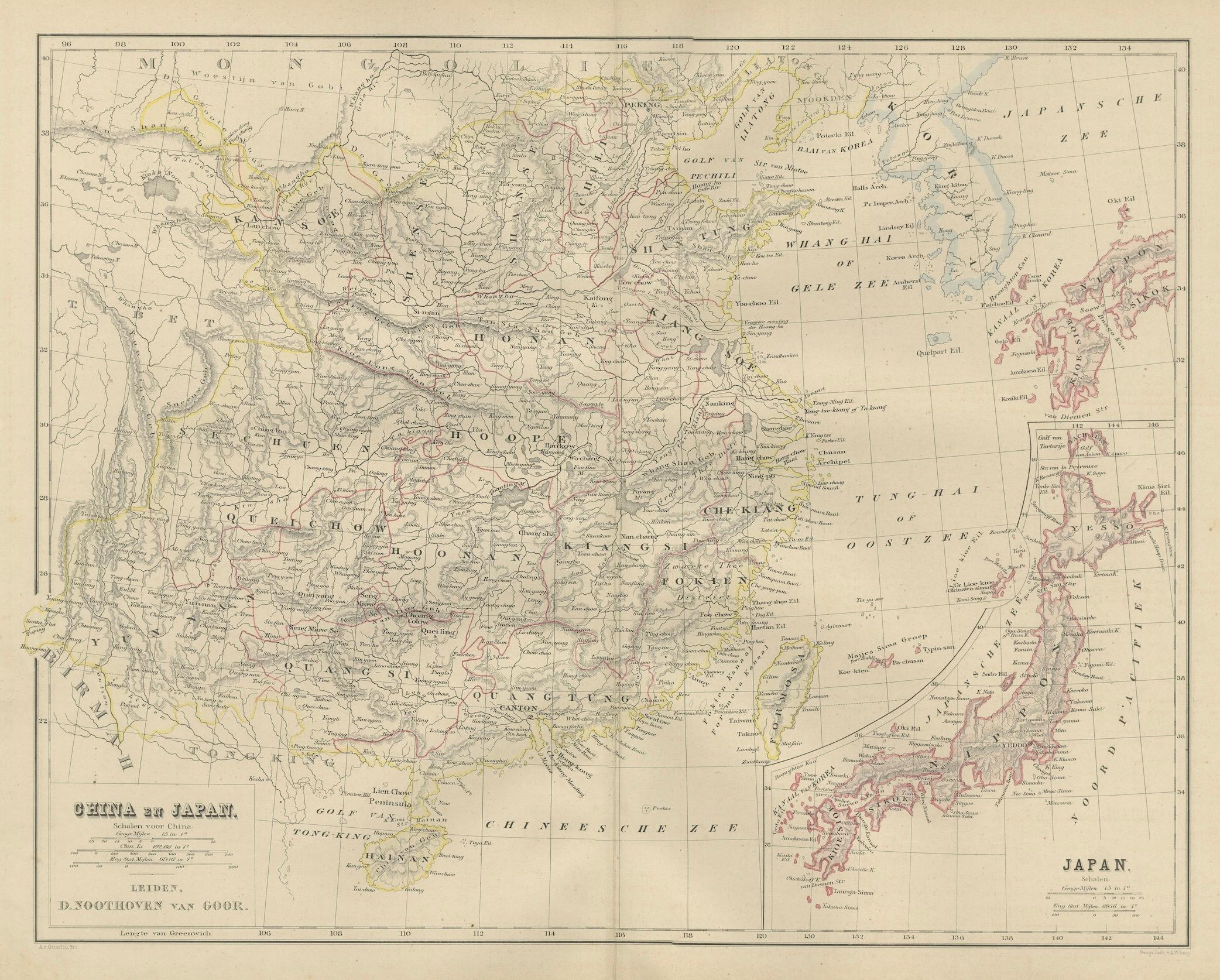 Mappa della Cina e del Giappone con la Corea - Nieuwe Hand-Atlas, Leiden 1876 in vendita 2