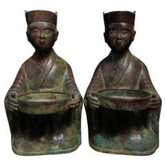 China Antique Bronze Sculptures Pair, Candle Stands Pair