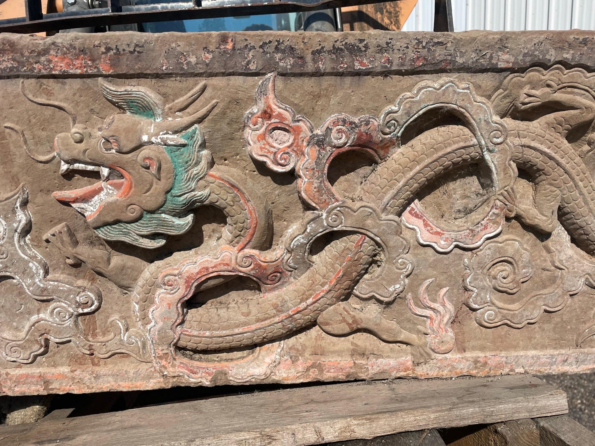 Hand-Carved  China Rare Antique Double Dragon Stone, 19thc  For Sale