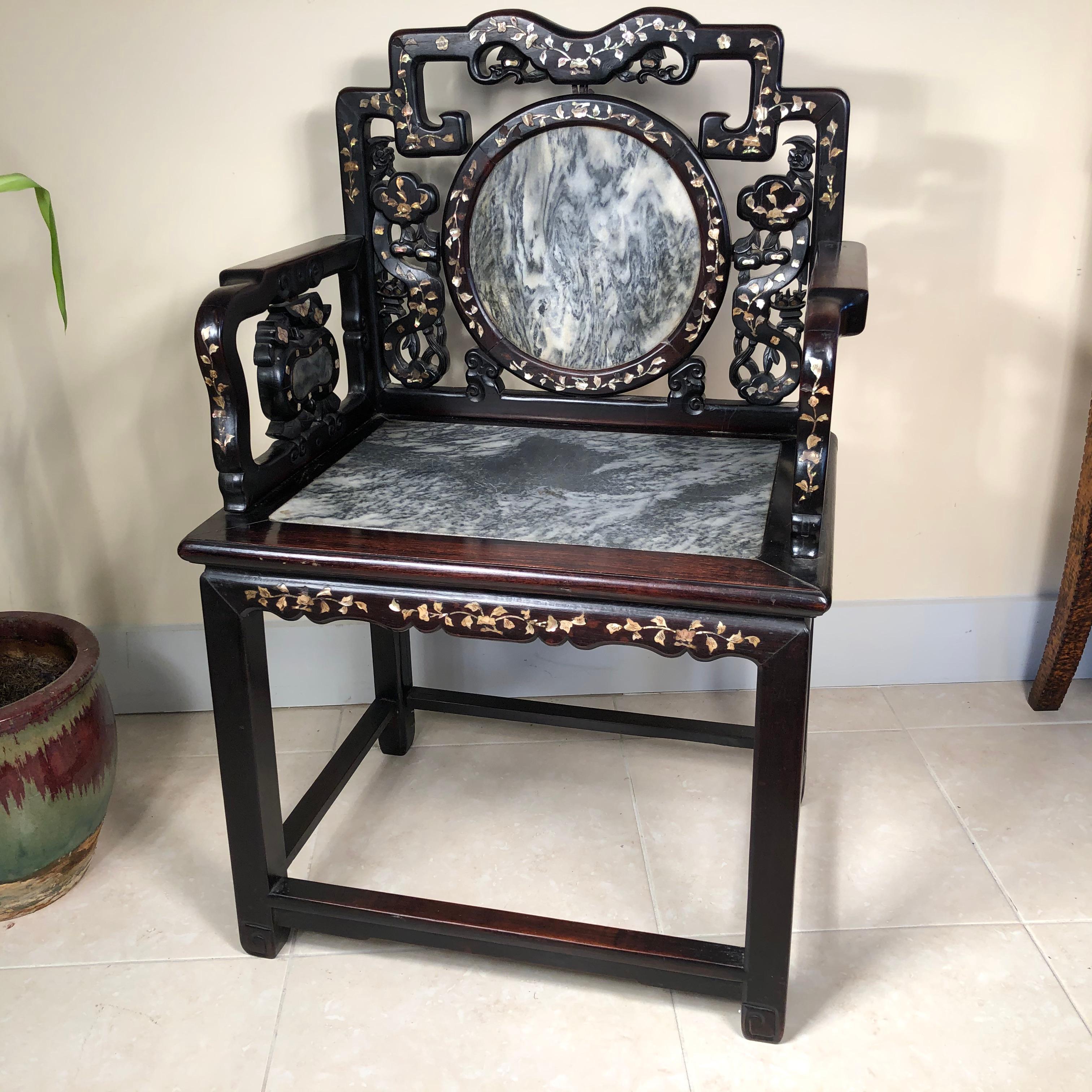 China Finest Antique Dream Stone And Mother Pearl  Inlaid Chair  For Sale 12