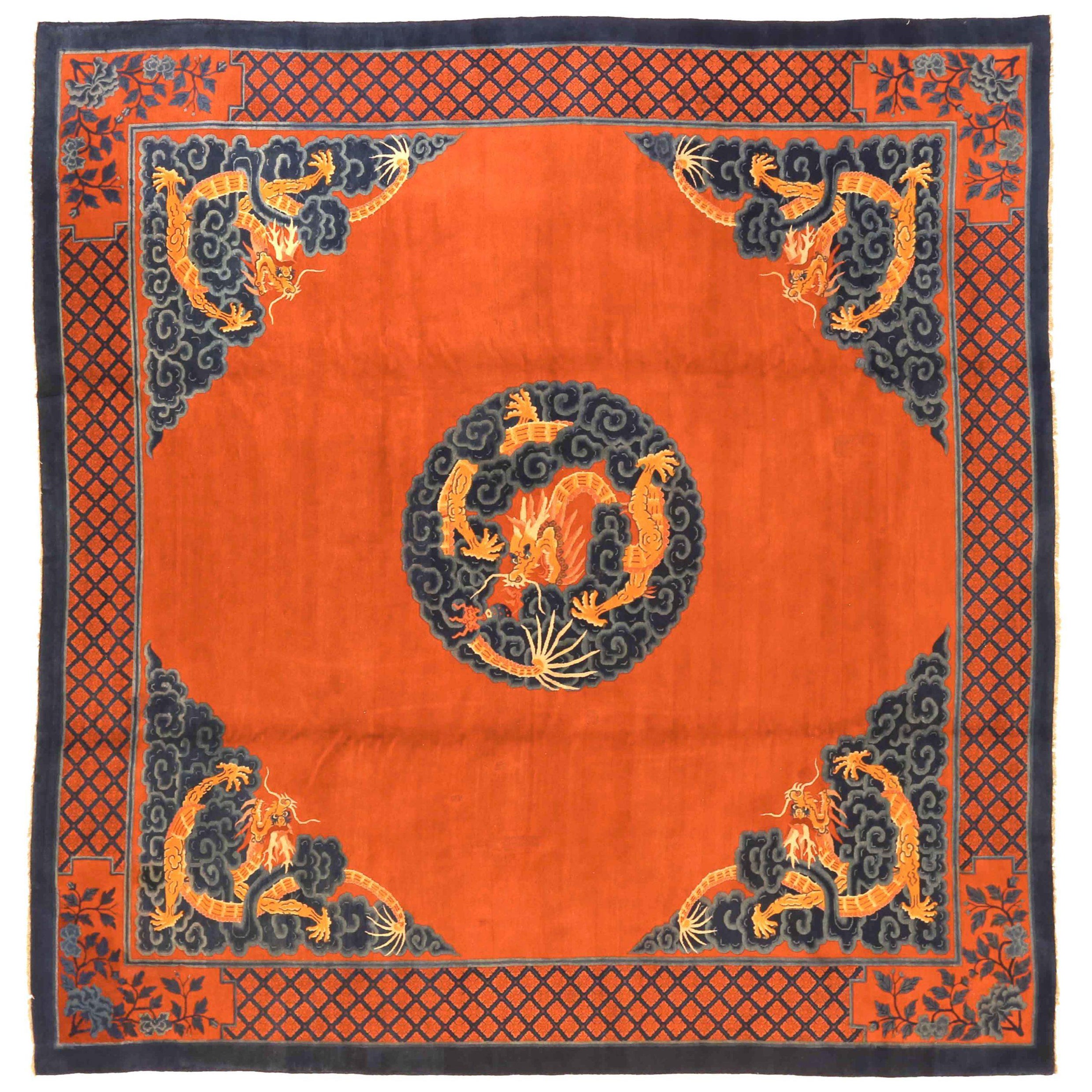 Tapis de Chine Beijing Square Circa 1910 - Laine Noir Rouge Jaune 72726 en vente