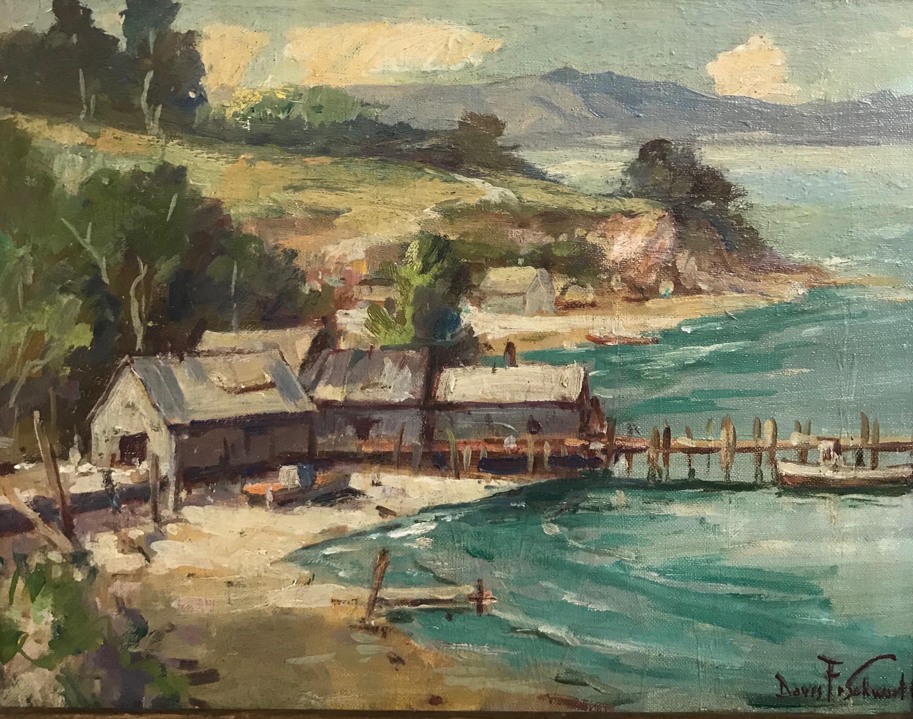 Coastal seascape painting of China Camp in Marin County California by Davis Francis Schwartz (b.1879-d.1969).
Oil on canvas in painted wood frame, signed lower right. 
American, early to mid 20th century.

Davis Schwartz was a landscape painter