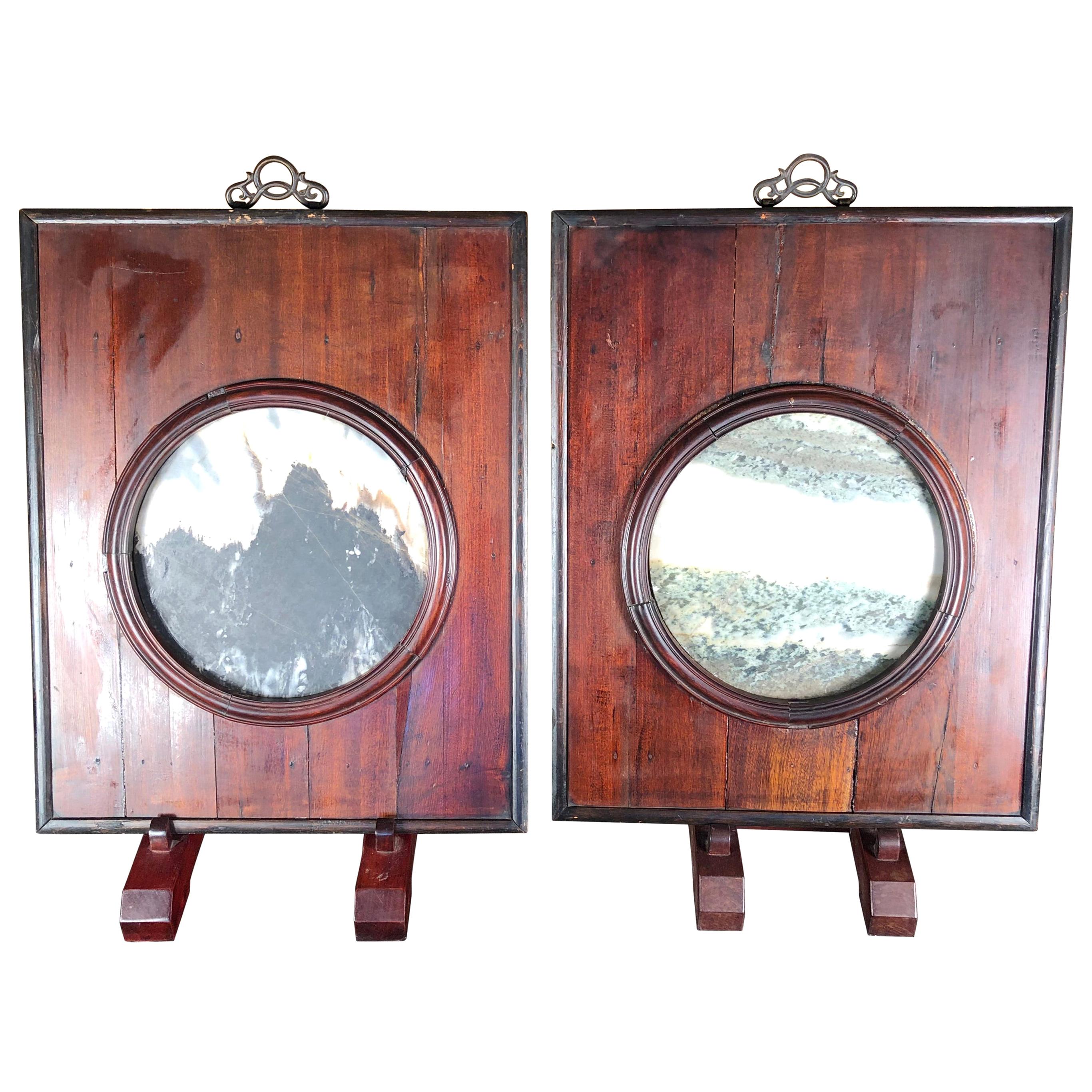 China Century Old Dream Stone "Landscape Paintings" with Original Frames, Pair