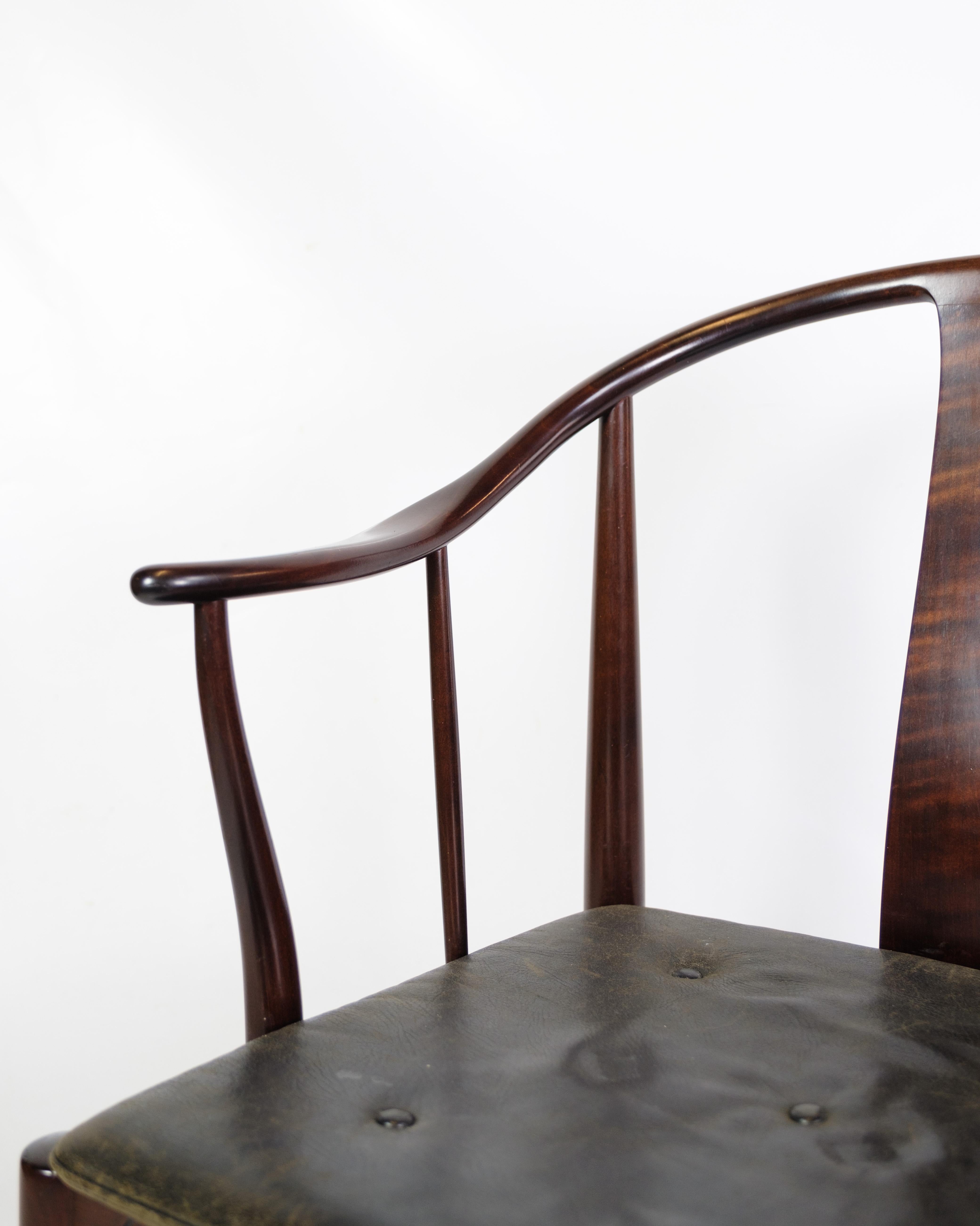 Danish China Chair Model FH 4283 Made In Dark Wood & Black Leather By Hans J. Wegner