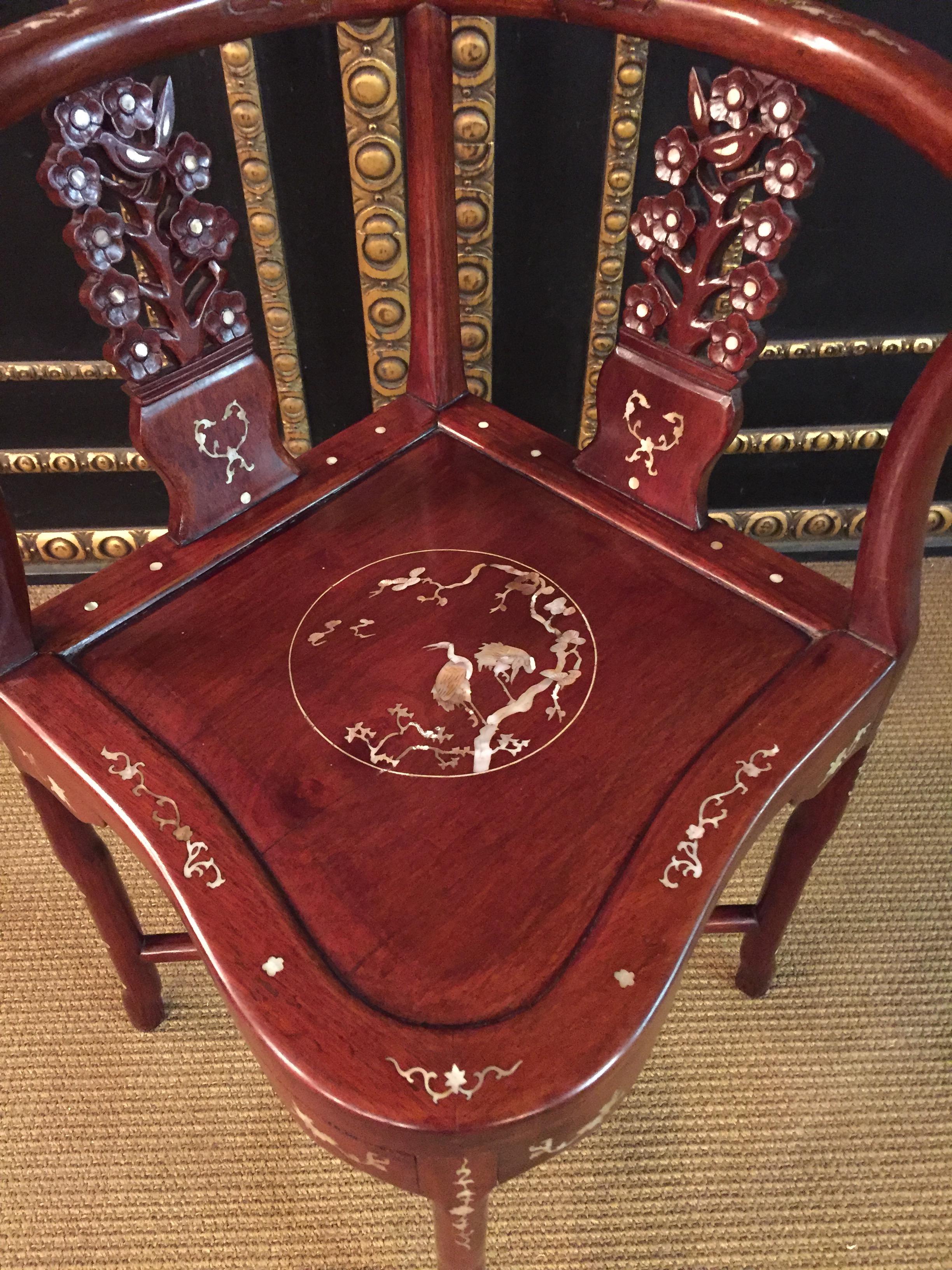 Chinese Chippendale China Corner Chair with Mother of pearl Inlays