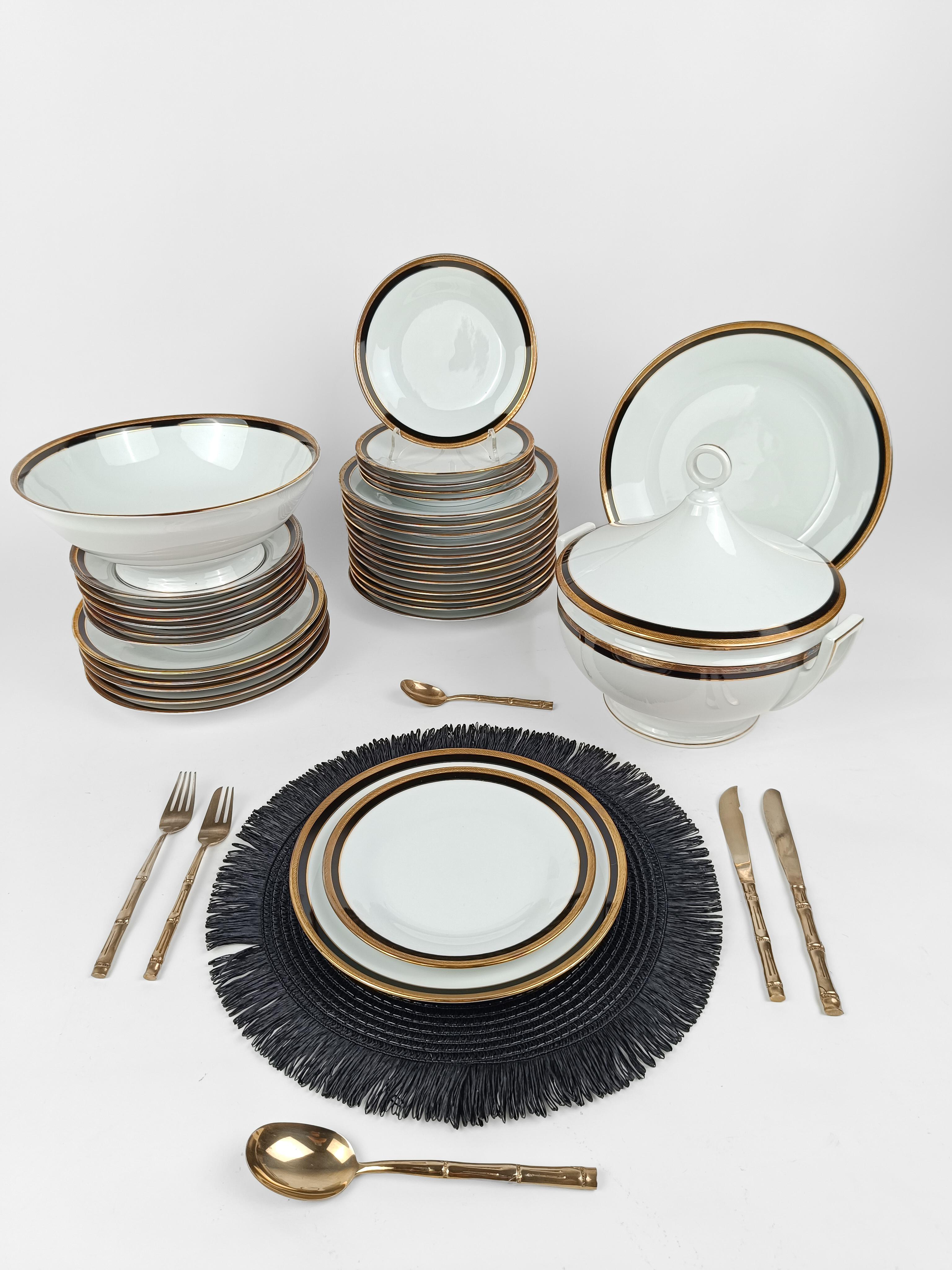 Empire China Dinner Service for 6 by Richard Ginori Black Onice Rim, Gold Trim & Verge For Sale