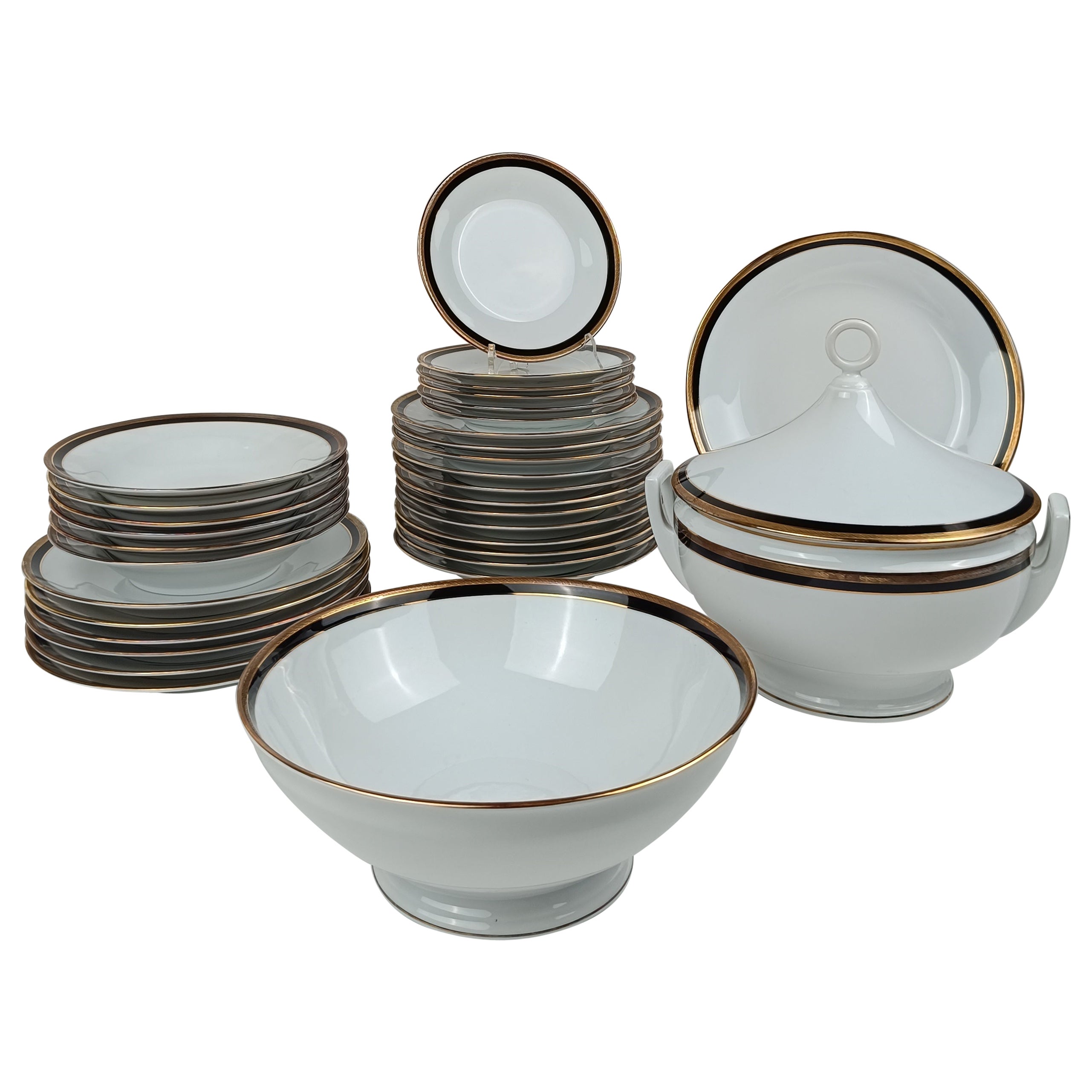 China Dinner Service für 6 Personen von Richard Ginori, schwarzer Onice-Rand, Goldbesatz und Verge