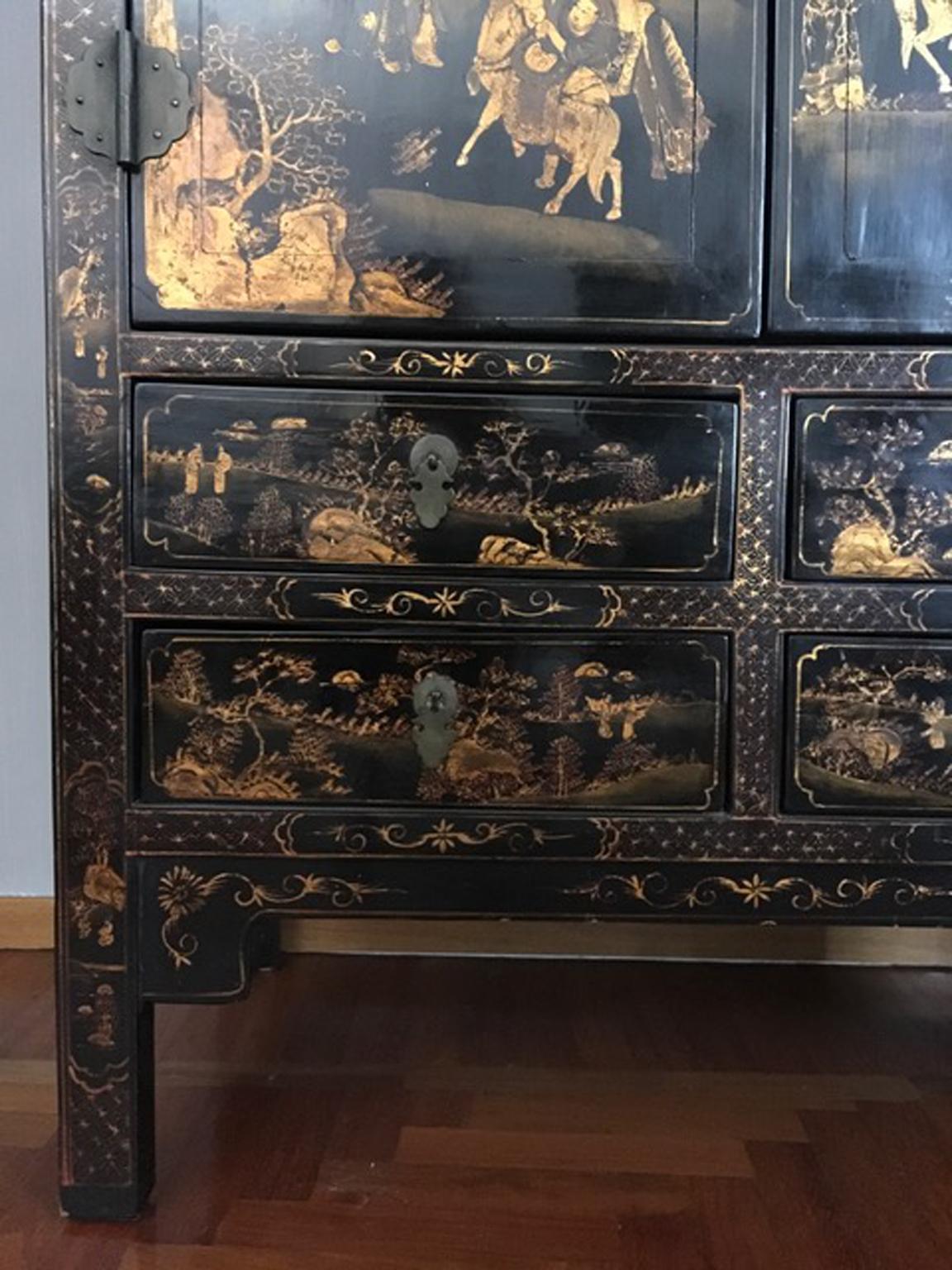 Brass China 1930 Black Lacquered Elmwood Cabinet  with Gold Paintings