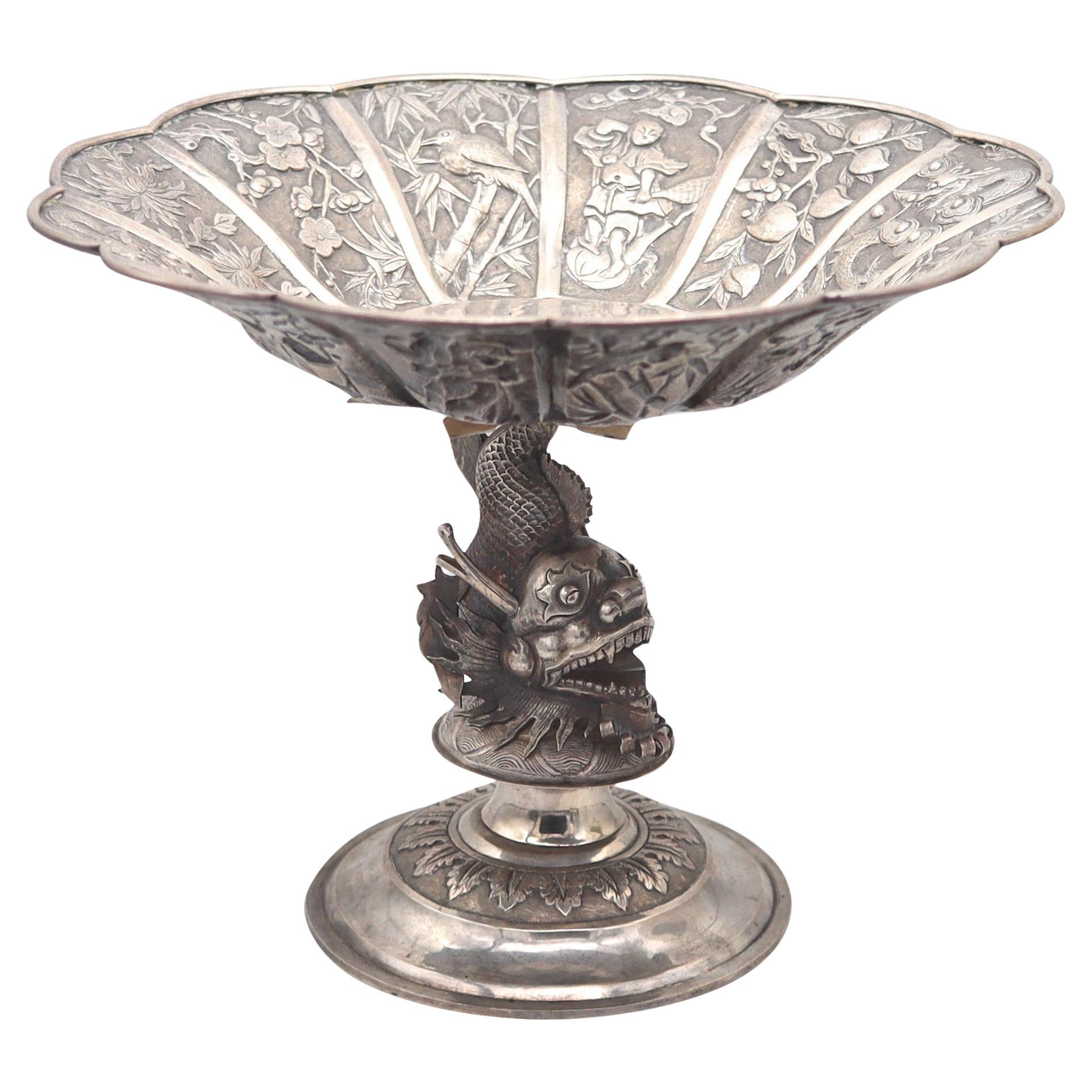 CHINA EXPORT 1875 Antique Tall Compote With Mythological Dragon-Fish In Sterling