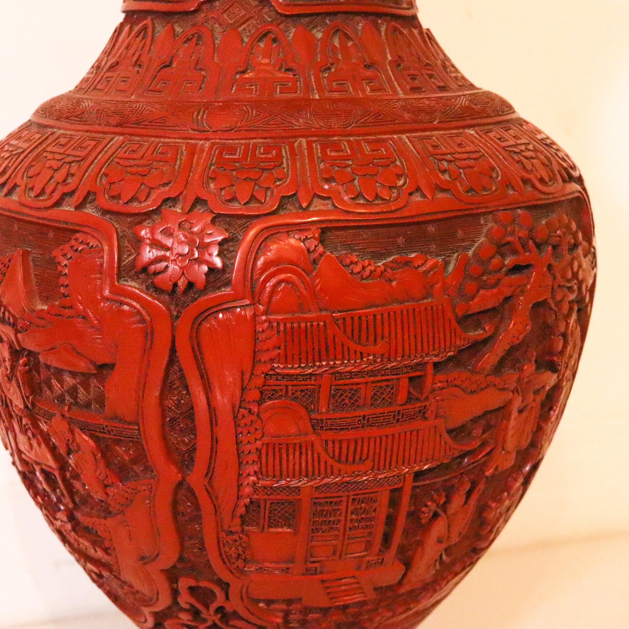 China Export Victorian 1900 Large Bombe Baluster Carved Vase in Red Cinnabar 2