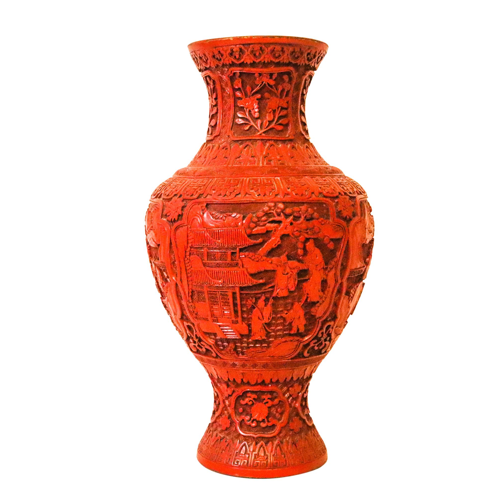 Early 20th Century China Export Victorian 1900 Large Bombe Baluster Carved Vase in Red Cinnabar