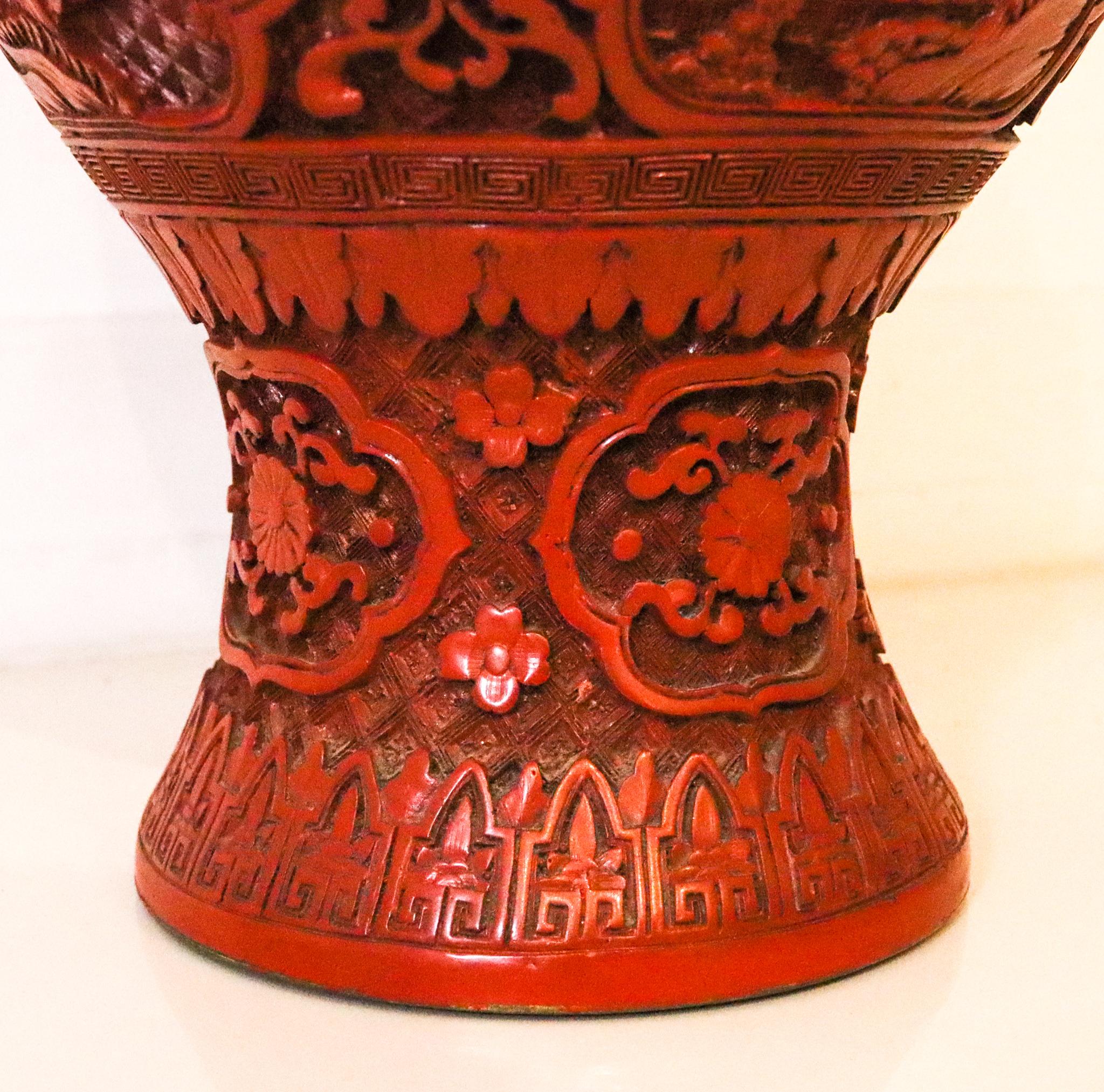 Brass China Export Victorian 1900 Large Bombe Baluster Carved Vase in Red Cinnabar
