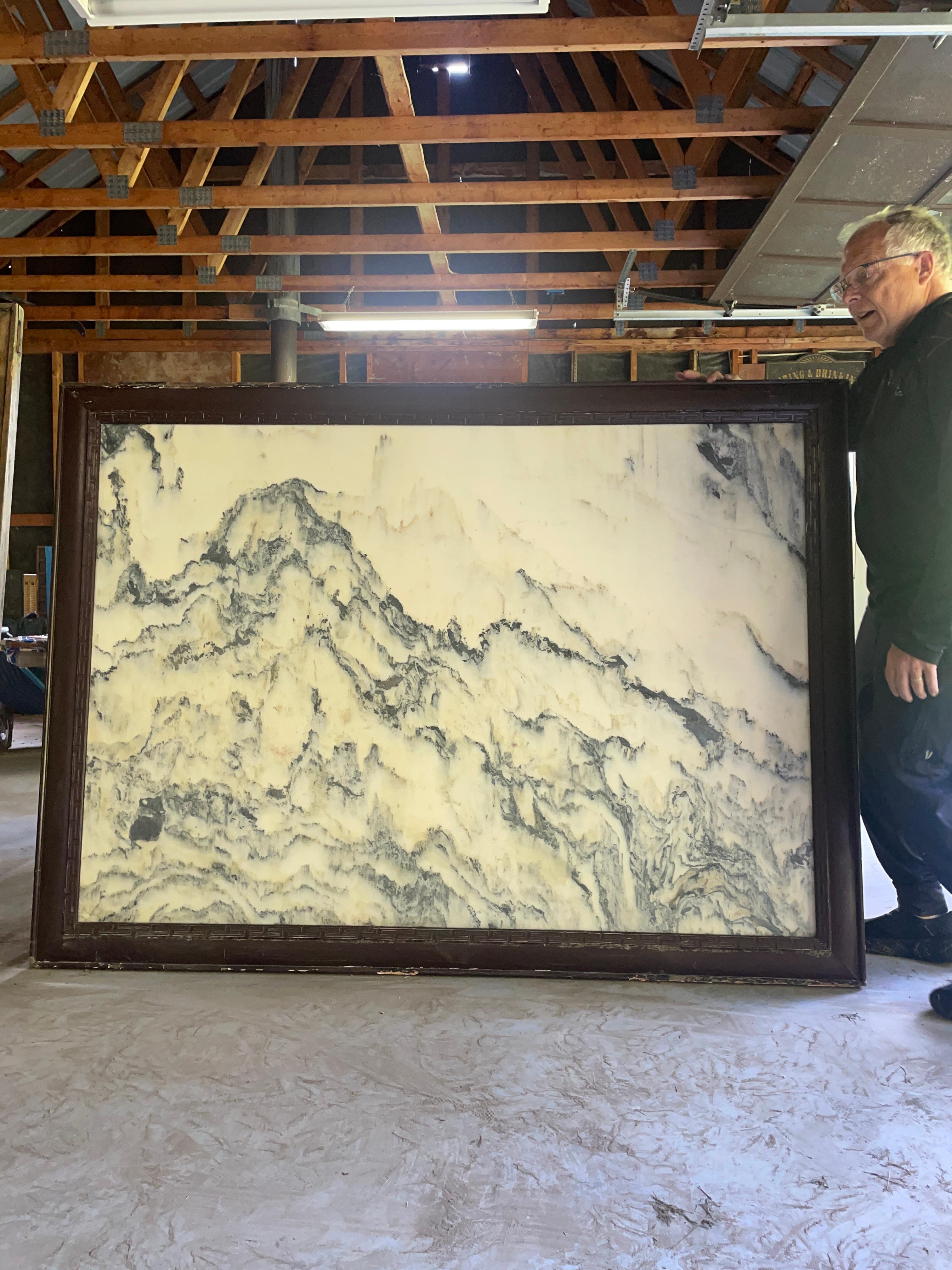 This Chinese extraordinary natural marble stone painting of a mountain range in green and white colors is called a dream stone Shih-hua. 

It is a monumental masterwork of nature. Totally natural.

Dimensions: 
Hardwood frame: 54 inches tall and 73
