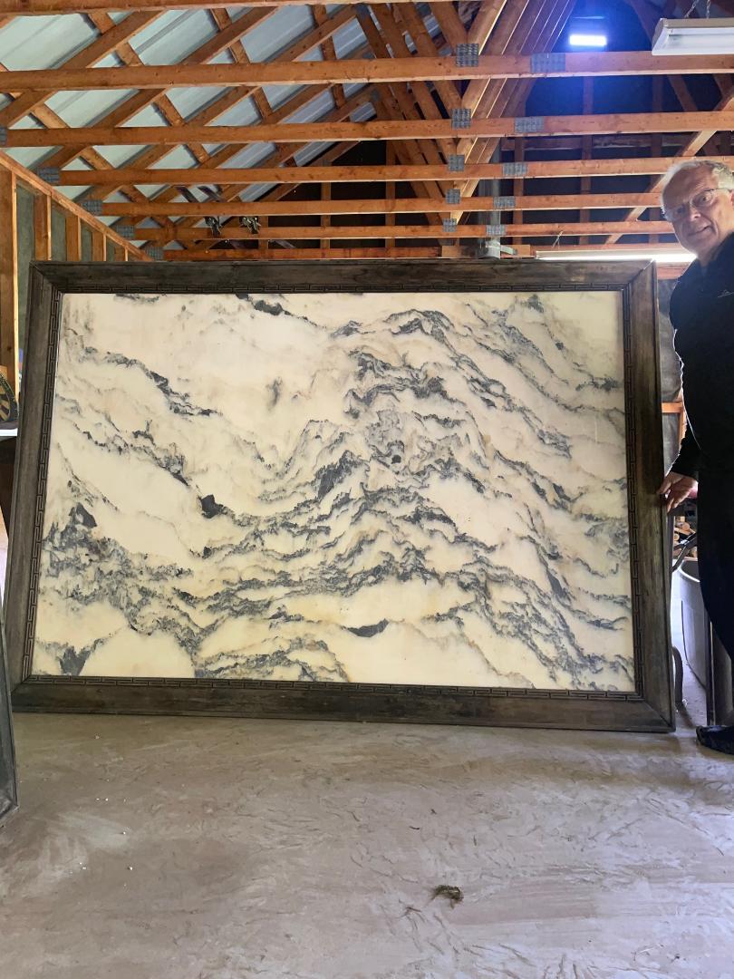 This Chinese extraordinary natural marble stone painting of a mountain range in green and white colors is called a dream stone Shih-hua. 

It is a huge monumental masterwork of nature. Totally natural.

Dimensions: 
Hardwood frame: 62.5 inches tall