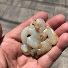 China Fine Antique Jade Celadon Entertainer for after Life, Ming Dynasty