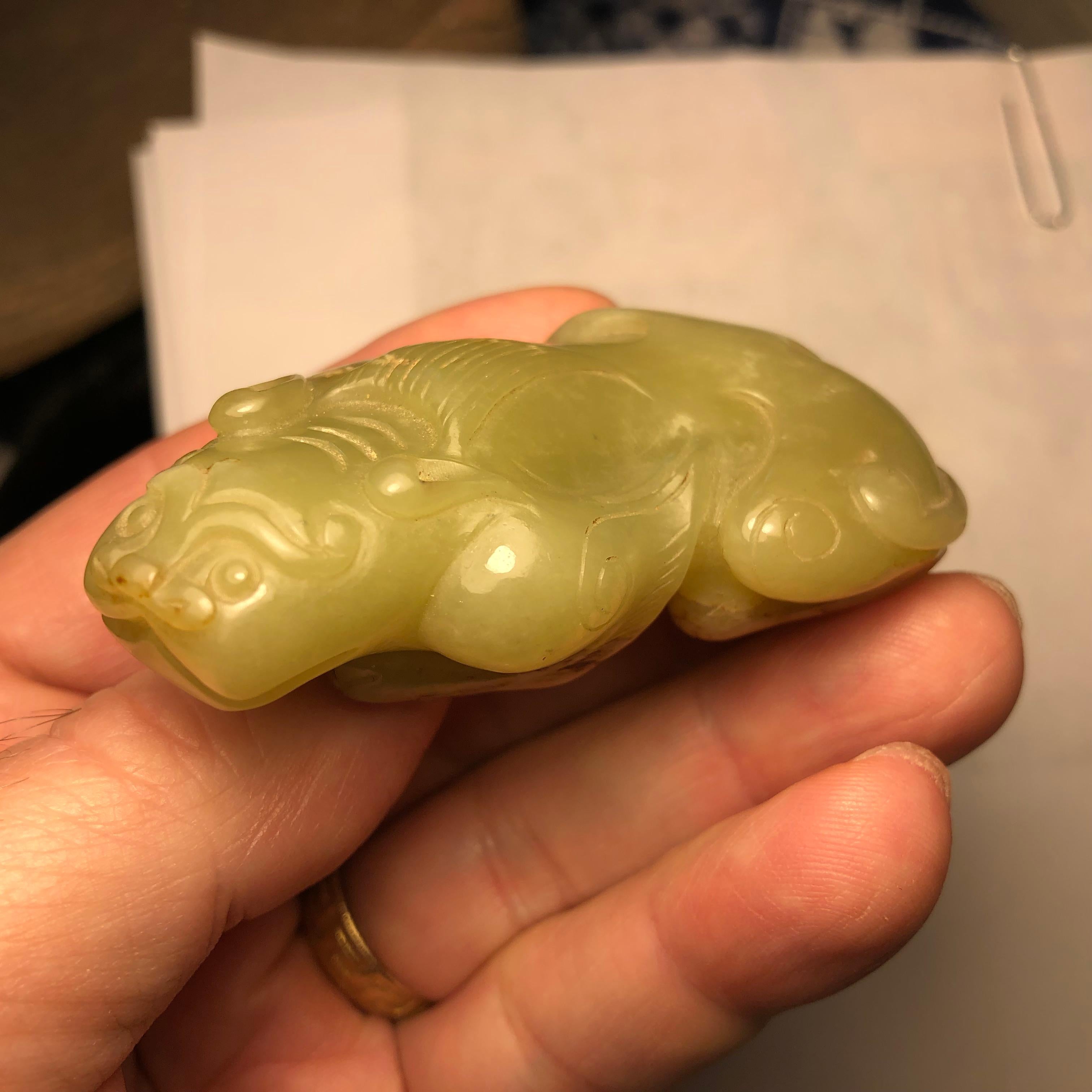 China Fine Antique Rich Green Jade Lion, Qing Dynasty In Good Condition In South Burlington, VT