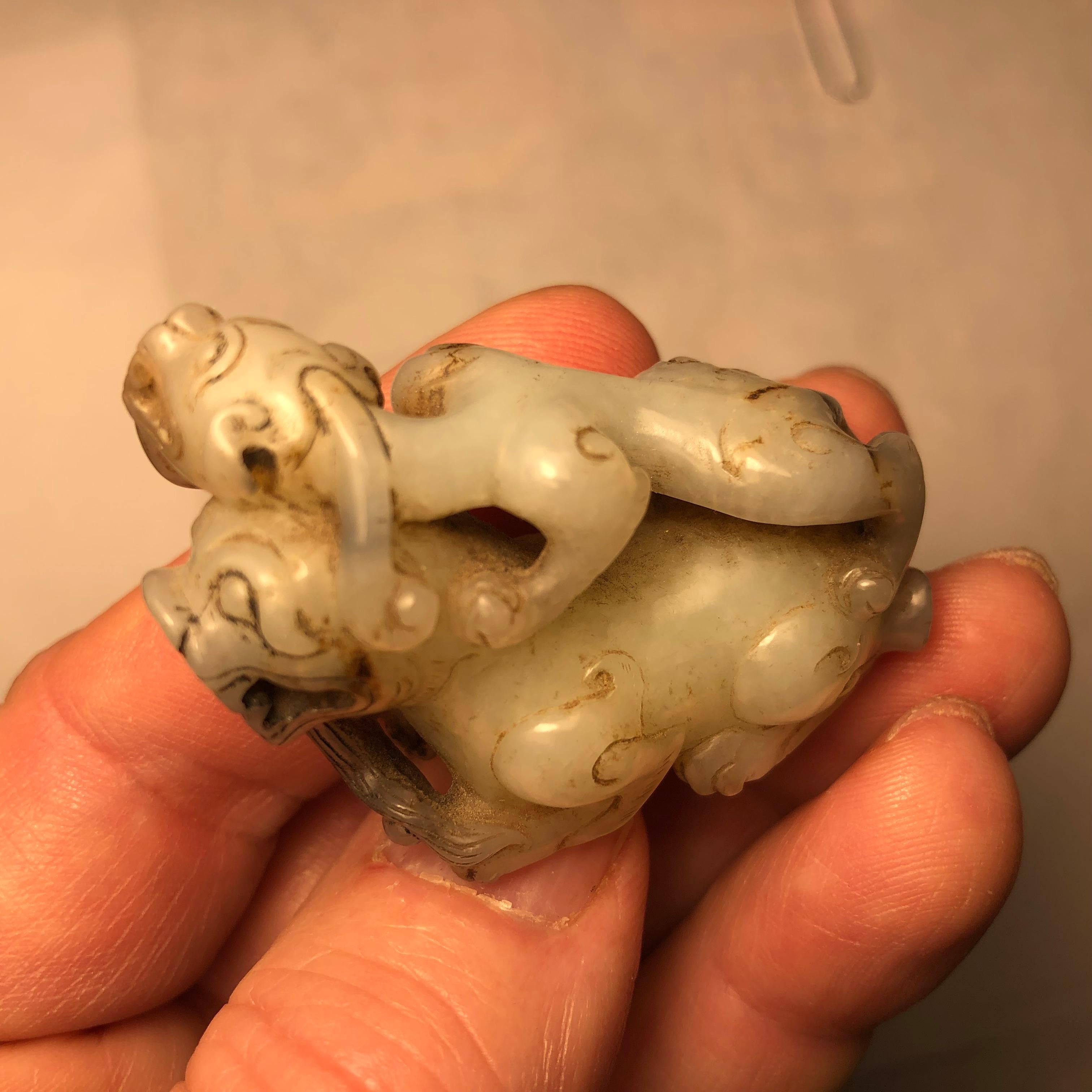 Qing China Fine Antique Jade Celadon Lion and Tiger Pair, Ming Dynasty