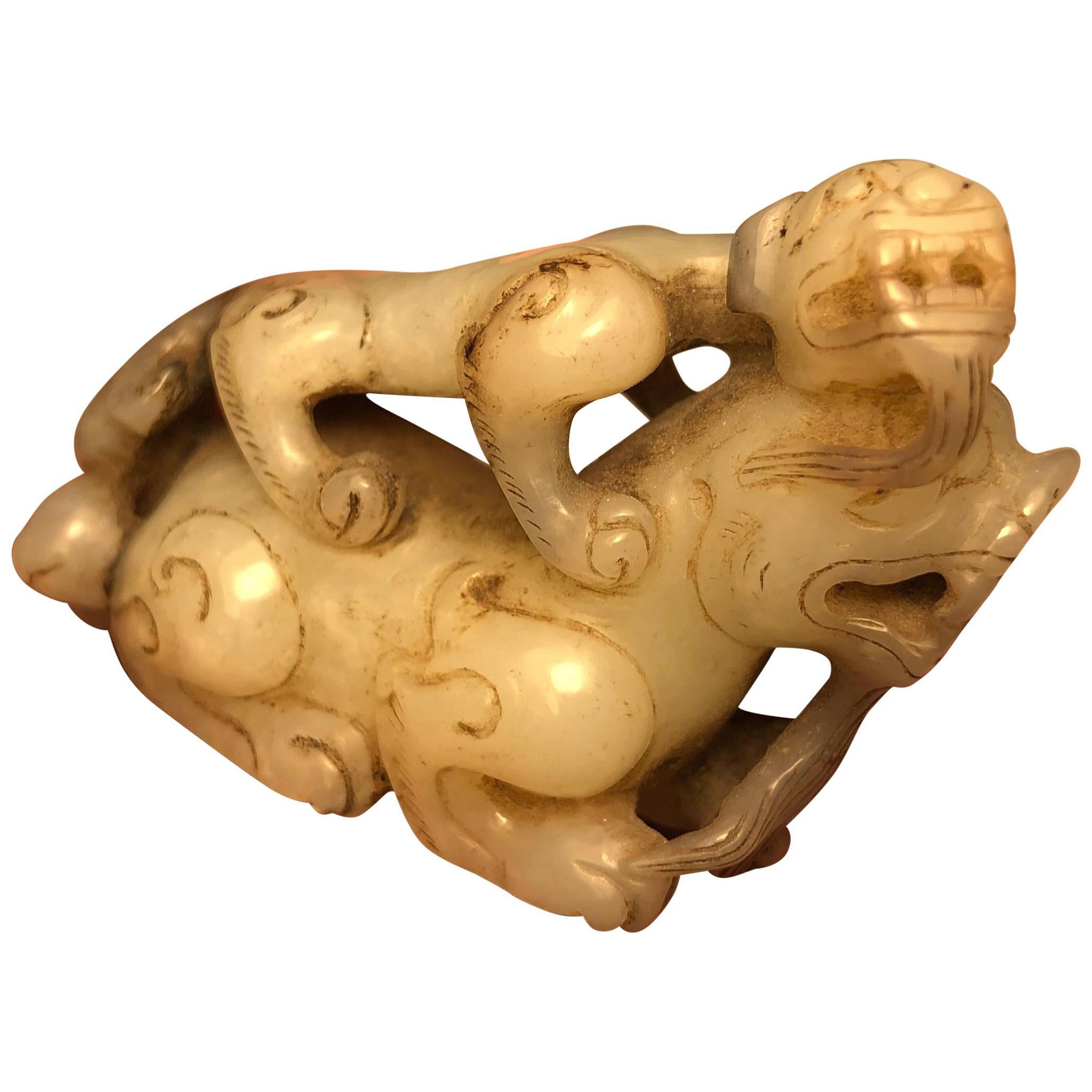 China Fine Antique Jade Celadon Lion and Tiger Pair, Ming Dynasty