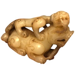 China Fine Vintage Jade Celadon Lion and Tiger Pair, Ming Dynasty