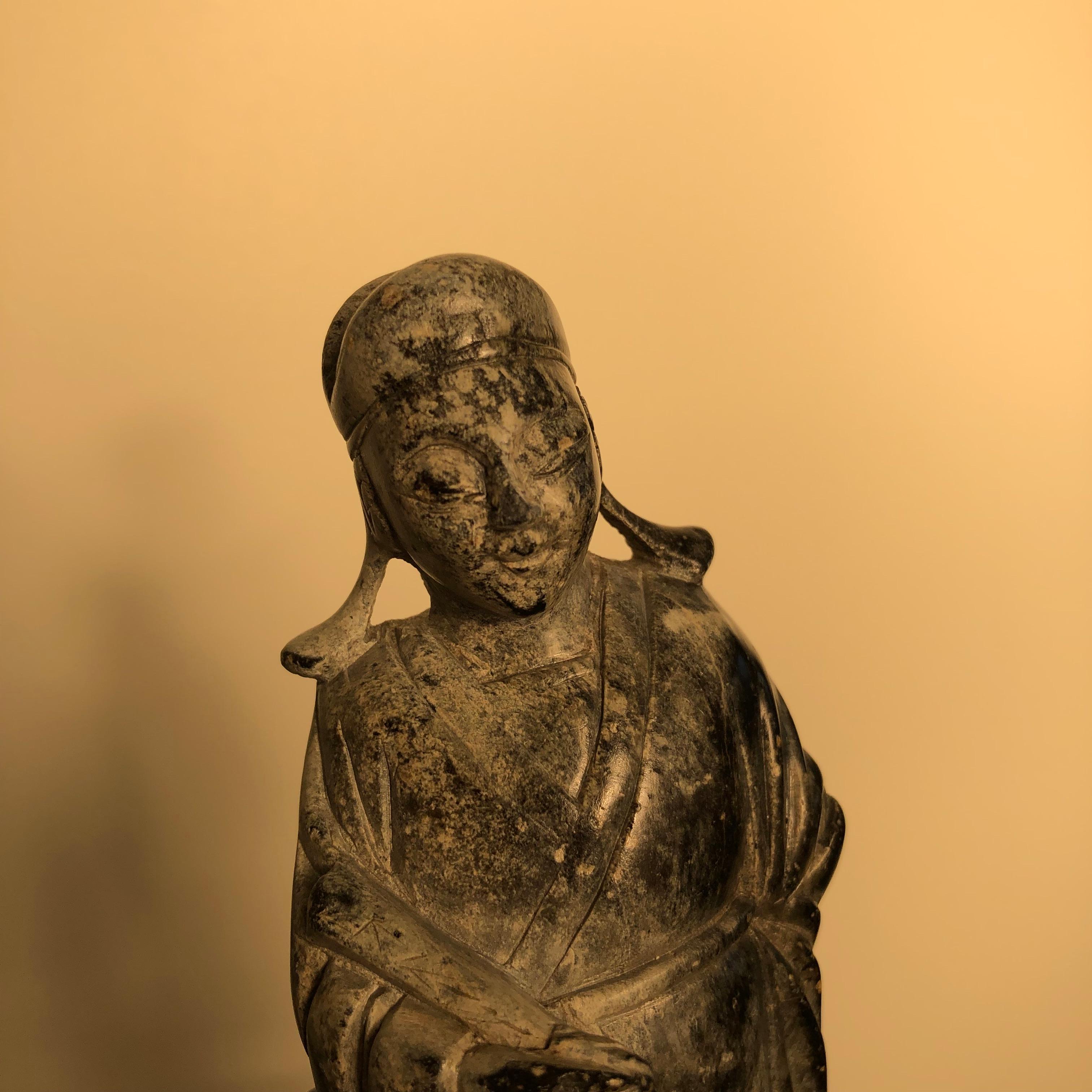 Qing China Fine Early Jade Scholar with Fan, 1750
