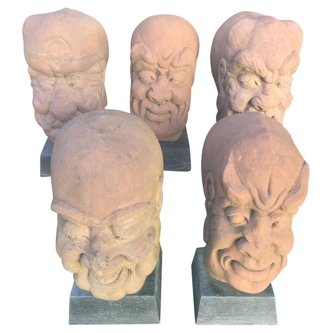 China Five Antique Monumental Hand Carved Stone Garden Monk Sculptures