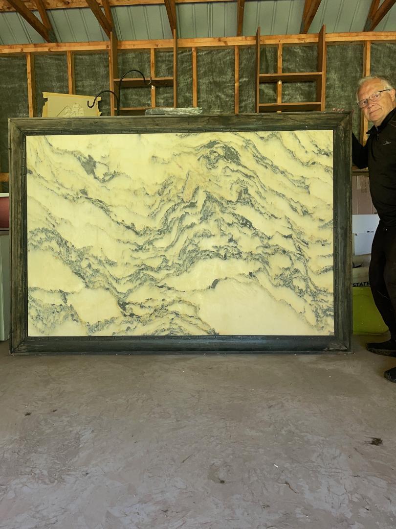 This Chinese extraordinary natural marble stone painting of a mountain range in green and white colors is called a dream stone Shih-hua.

It is a huge monumental masterwork of nature. Totally natural.

Dimensions:

Hardwood frame: 62 inches tall and