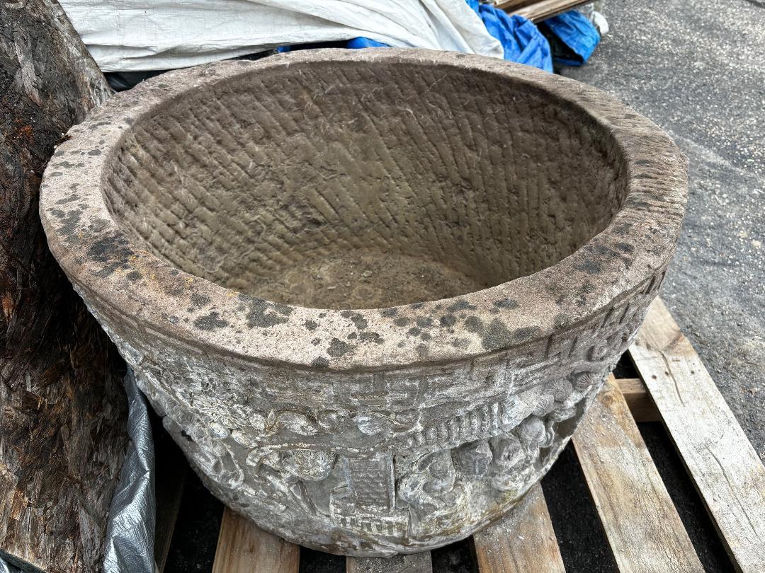 China Large Antique Hand-Carved Stone Village Scenes Garden Planter 19th Century 5