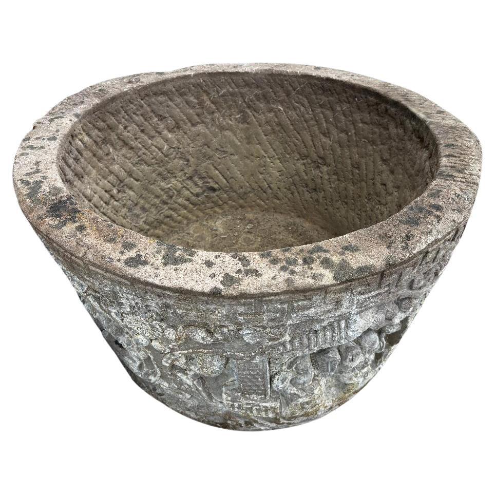 Unique, only one available.

China lovely old hand-carved antique round shaped stone planter/ basin with deeply carved village scene panels on its exterior sides. Notice the deep hand carving appropriate to its 100+ year old age.

Dimensions: 19