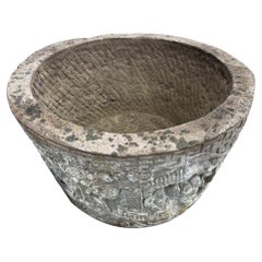 China Large Antique Hand-Carved Stone Village Scenes Garden Planter 19th Century