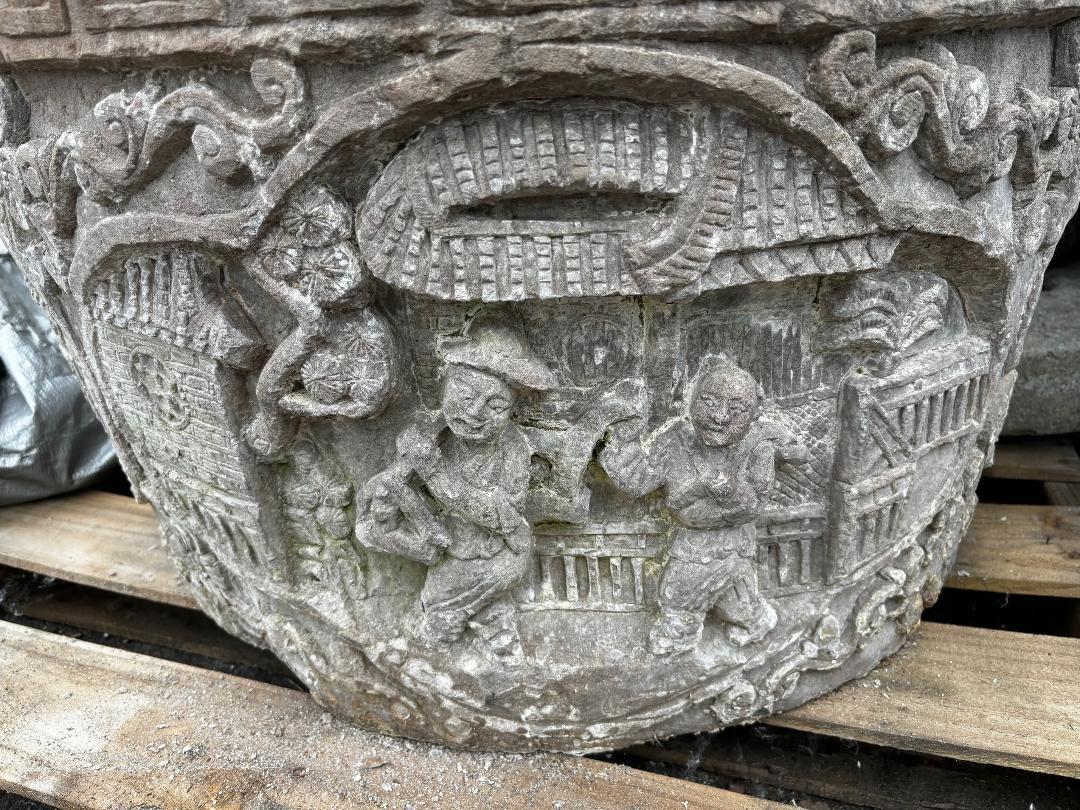 Qing China Large Antique Hand-Carved Stone Village Scenes Garden Planter 19th Century