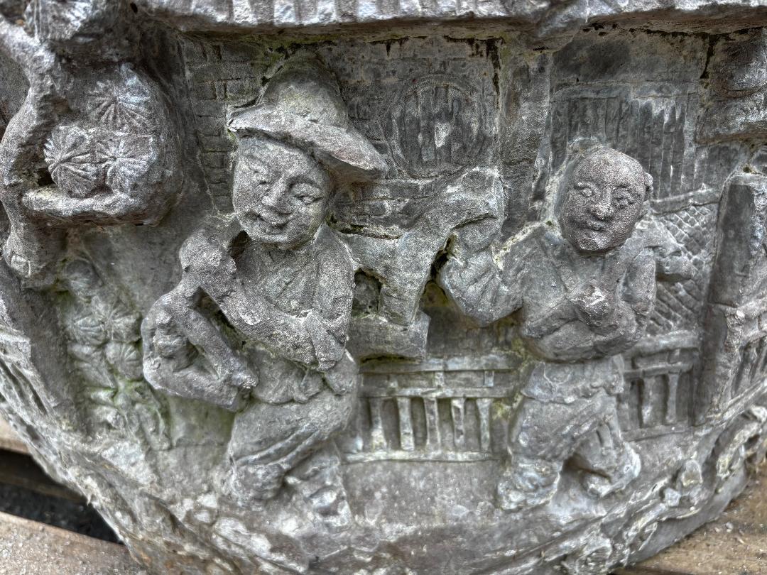 Chinese China Large Antique Hand-Carved Stone Village Scenes Garden Planter 19th Century
